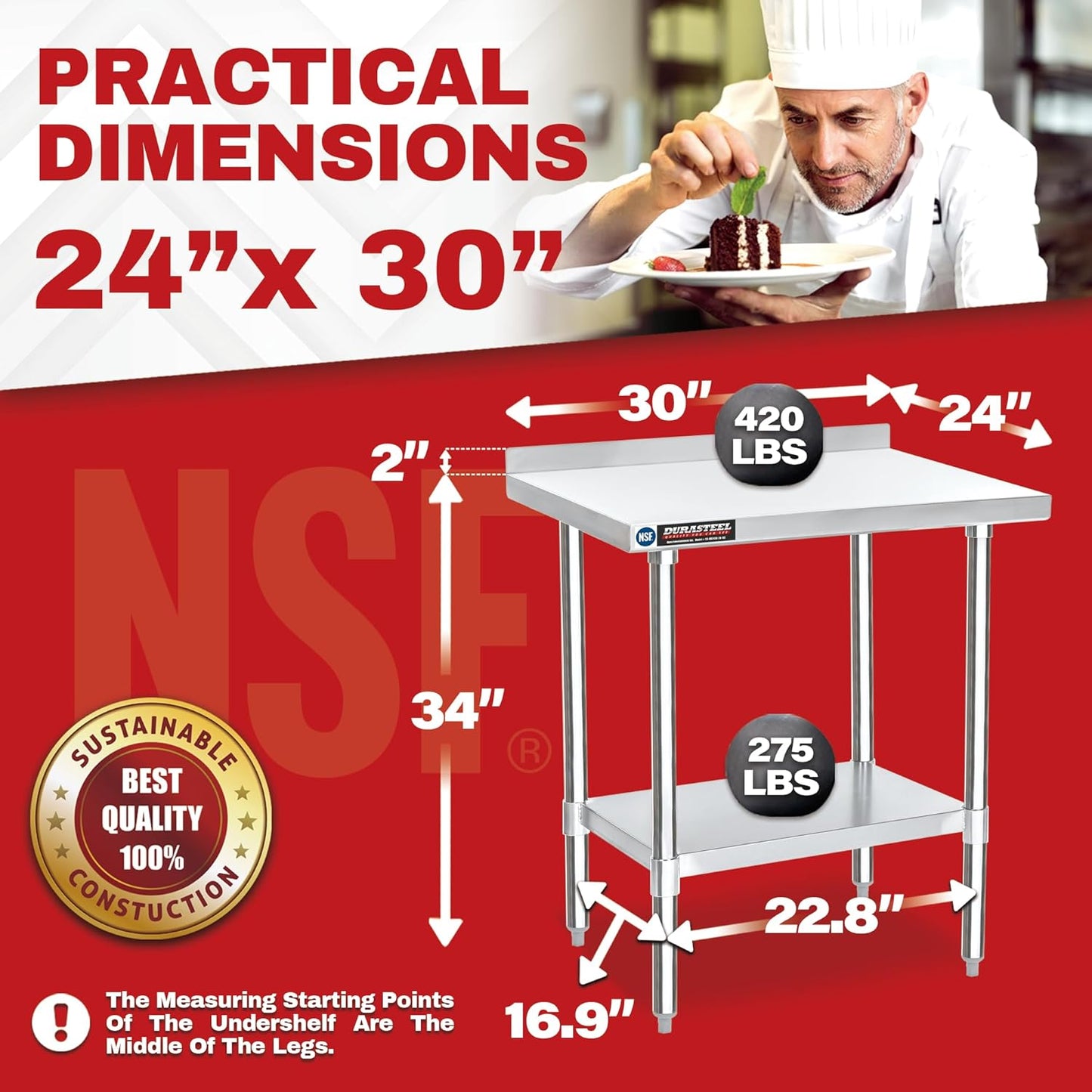 DuraSteel NSF Commercial Kitchen Table - 24 x 30 Inch Cooking Prep Stainless Steel Kitchen Island Workstation w/ Adjustable Under Shelf - Heavy Metal Backsplash Workbench For Restaurant, Home, Garage