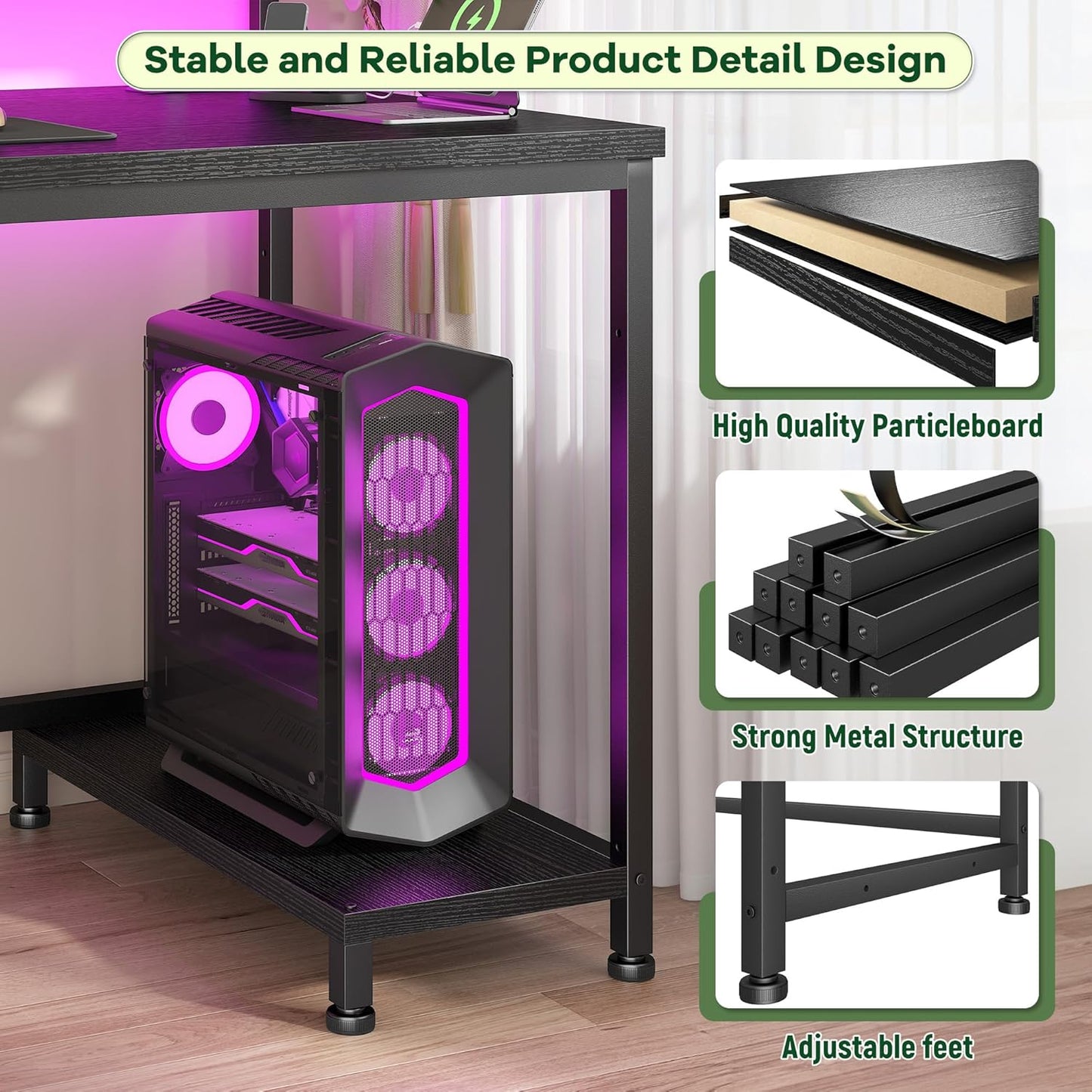 39.3" Gaming Desk with Power Outlet and LED Lights,Computer Desk with Adjutable Monitor Stand and Drawer,Office Desk with CPU Stand for Home Work,Study and Gaming, Small Spaces,Black