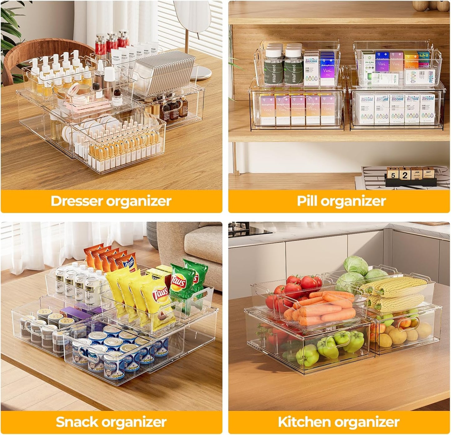 Refrigerator Organizer Bins with Pull-out Drawer 6 Pack Stackable Clear Fridge Drawer Organizer Fruit Vegetable Storage Containers for Kitchen Pantry Organization (2 Large+4 Medium)