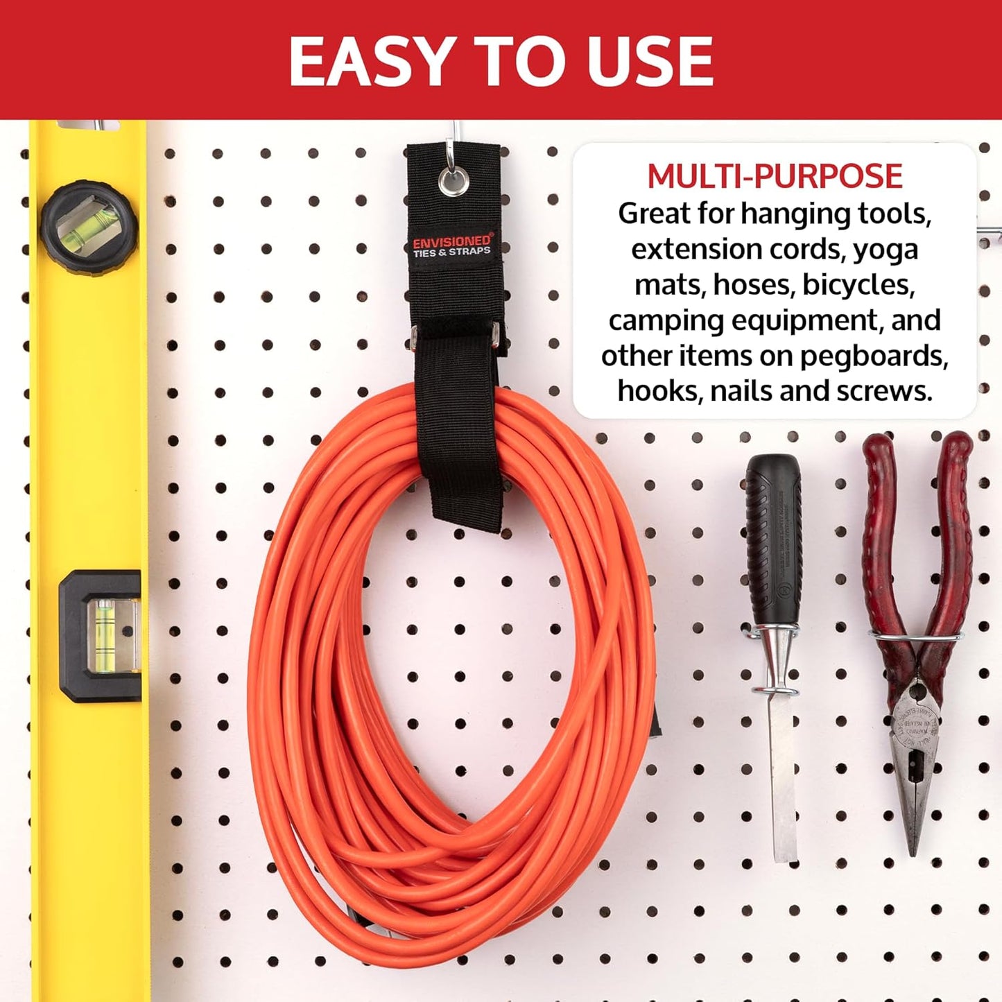 Heavy Duty Hanging Storage Cinch Straps with Metal Buckle (4 Pack, 1" x 8") - Electrical Extension Cord and Garden Hose Holder, Cable Management, Storage Organizer in Garage, RV, Workshop - ENVISIONED