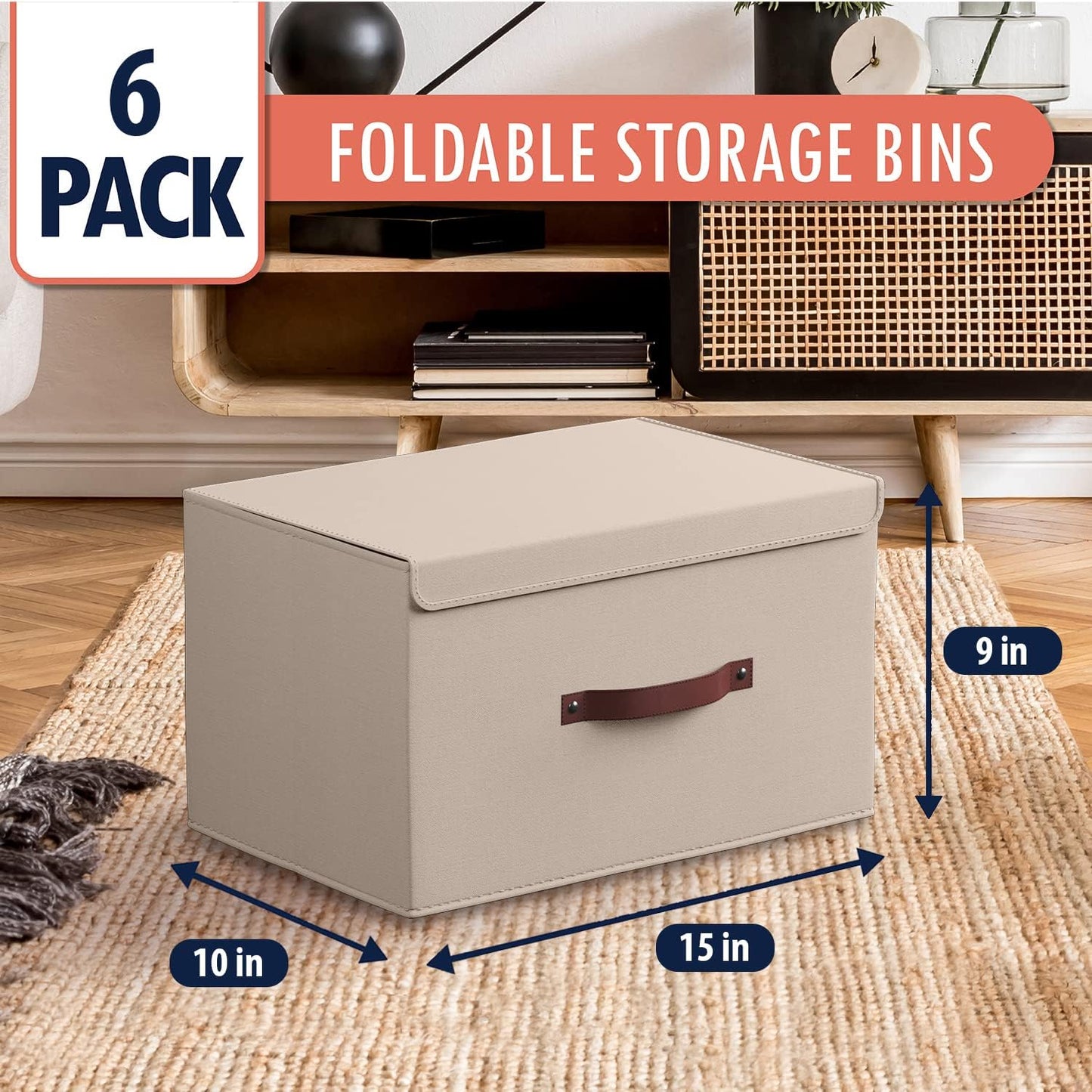 Ornavo Home 6 Pack Collapsible Storage Bins with Lid, Foldable Linen Fabric Shelf Storage Basket Closet Organizer and Large Storage Box for Clothes with Leather Handles, 15 x 10 x 9, Beige