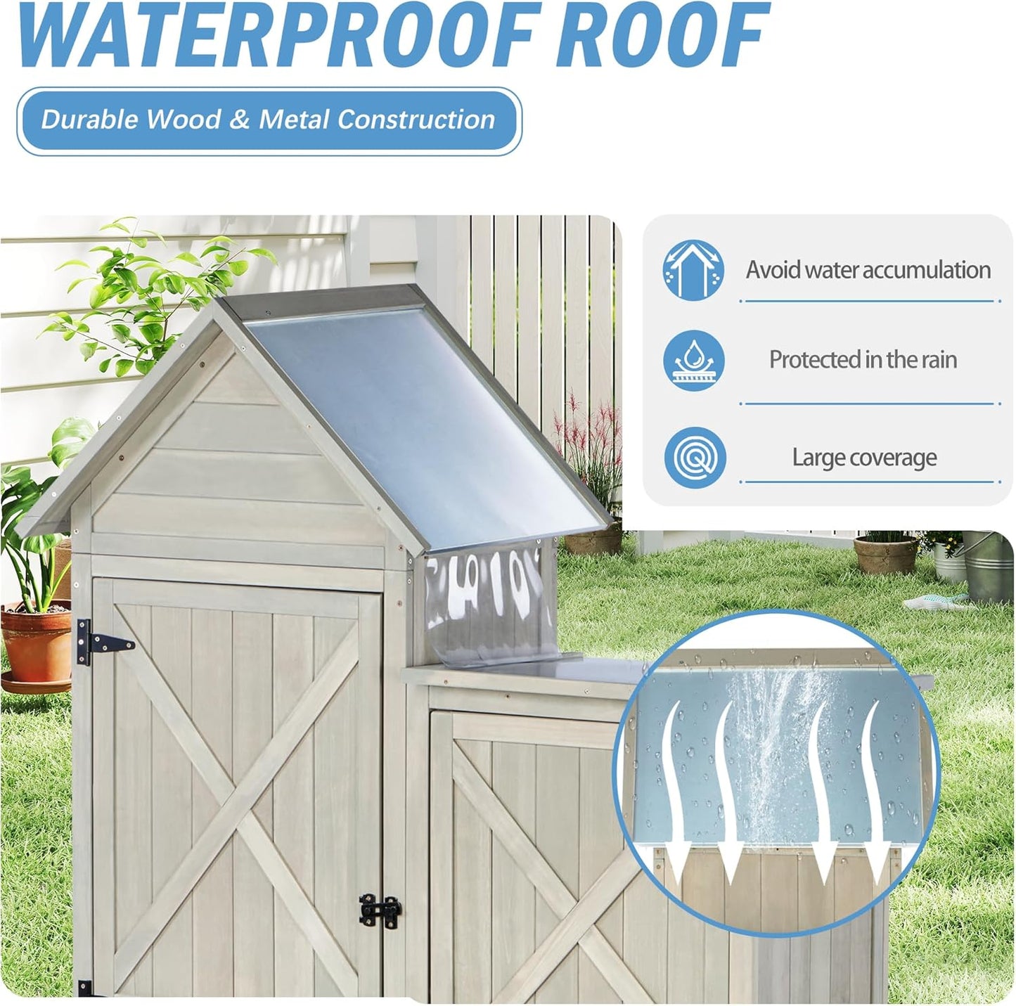 Outdoor Storage Cabinet - Waterproof Metal Roof & Wooden Vertical Design, Tall Garden Tool Shed with Multiple Shelves for Patio, Backyard, Lawn, Yard (Gray, 22" x 46" x 67")