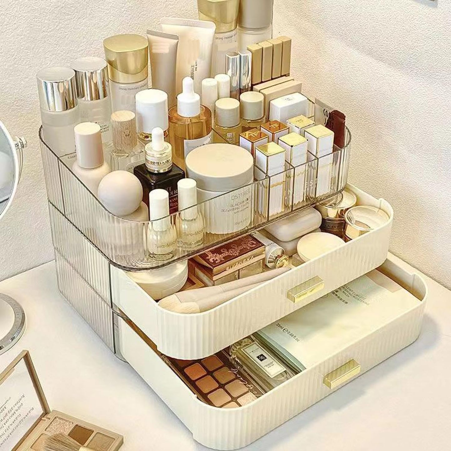 MIUOPUR Stackable Makeup Organizer Drawers, Bathroom Vanity Organizers and Storage, Ideal for Desk and Dresser Countertops, Great for Cosmetics, skincare, Lipsticks, Nail Care -Cream