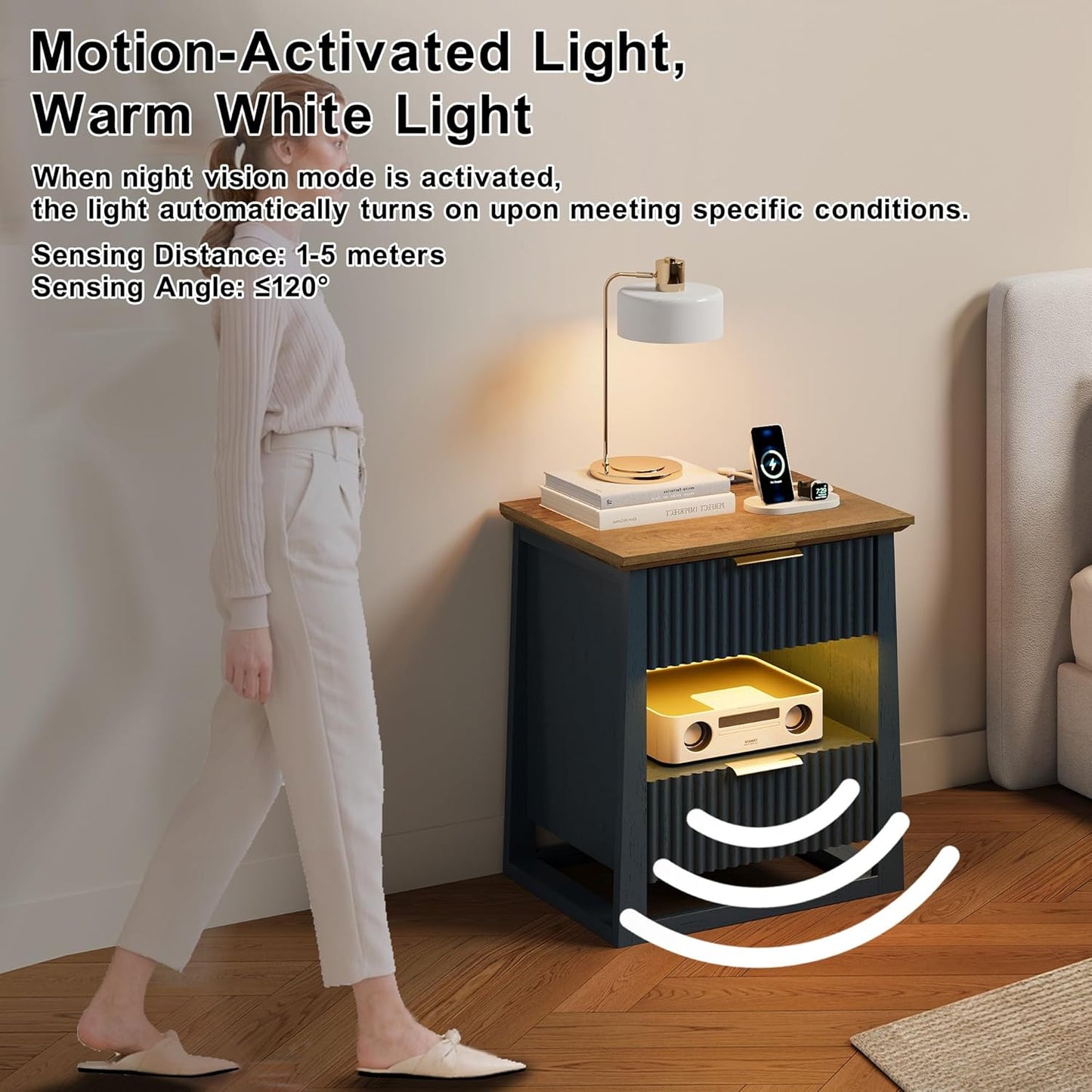 HIFYOBRO Fluted Nightstands with Charging Station & Motion Sensor Light, Modern Bedside Tables with 2 Drawers and Storage Shelf for Bedroom, Living Room,Blue