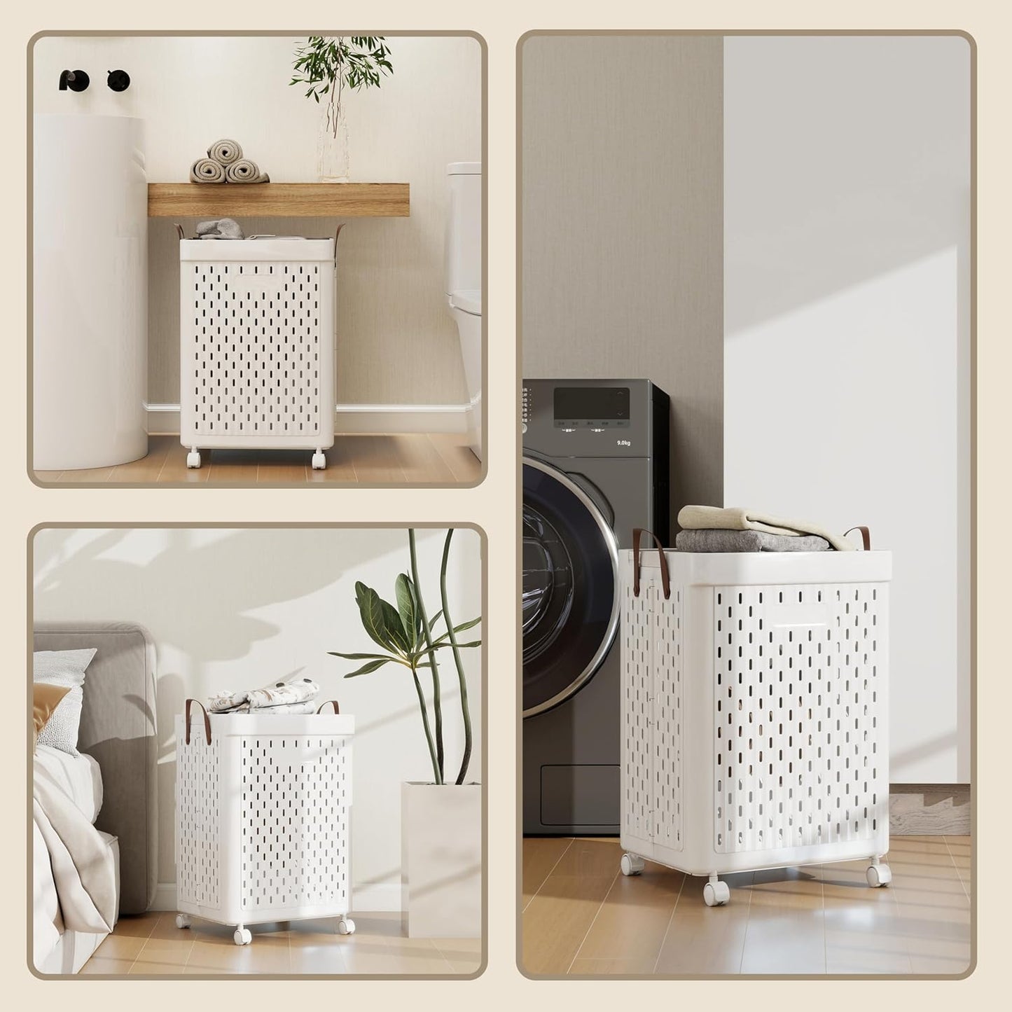 UAK Laundry Basket with Wheels, Collapsible Plastic Laundry Hamper with Handle, Foldable Laundry Basket Organizer for Laundry and Bathroom (Pure white, XXL)