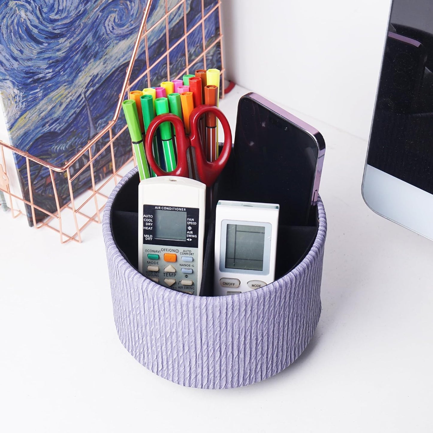 Round Leather Art Supply Organizer,Remote Control Holder,360 Degree Spinning,Multi-Functional Pencil Holder,4 Compartments Desktop Stationary Organizer(1-Wood Blue Purple)