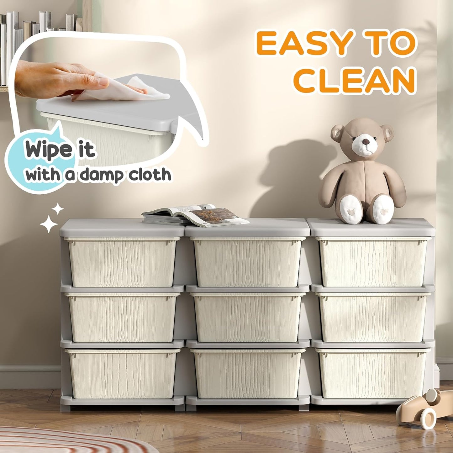 Qaba 3 Tier Kids Storage Unit, 9 Drawer Chest Toy Organizer Plastic Bins for Kids Bedroom Nursery Kindergarten Living Room for Boys Girls Toddlers, Cream White