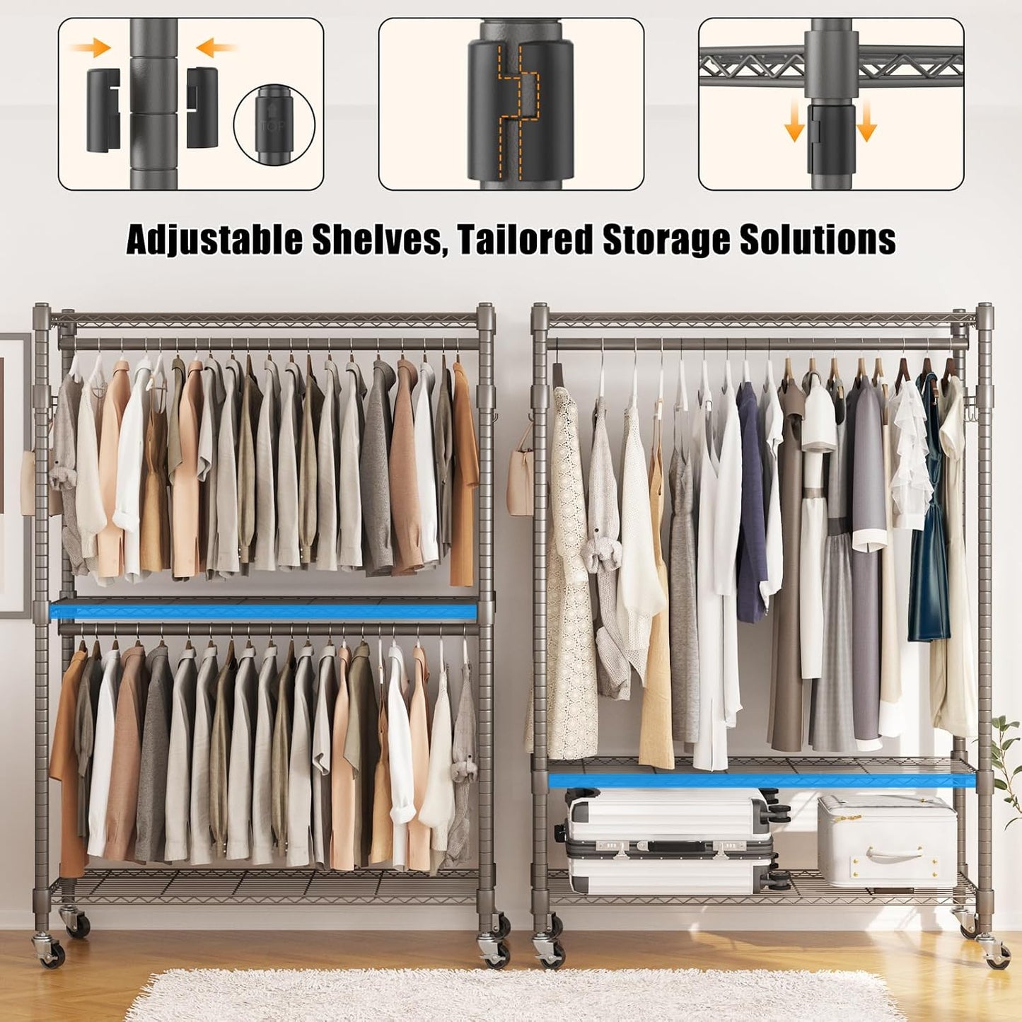 BATHWA Heavy Duty Garment Rack on Wheels, Rolling Clothes Racks for hanging clothes, Simple Sturdy Wardrobe Rack with Double Hanging Rods, 8 Side Hangers, Gray