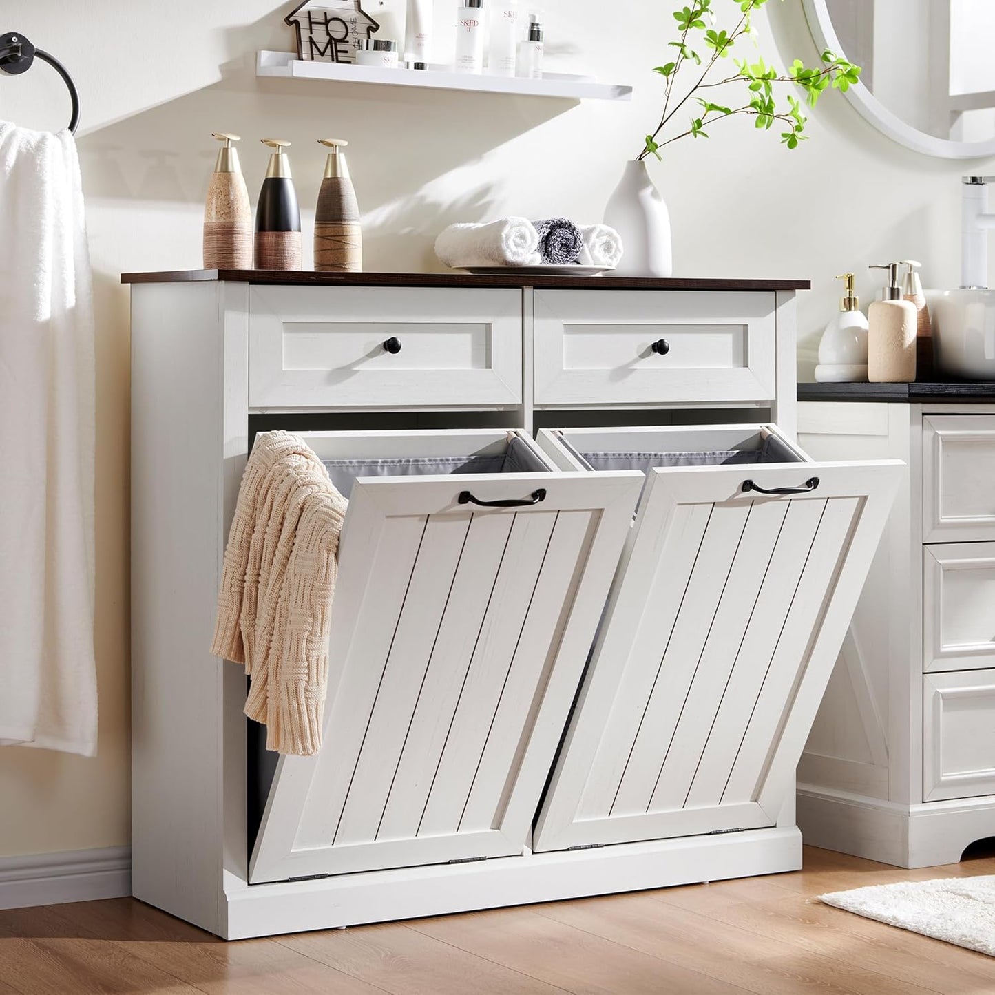 Double Tilt Out Trash Cabinet, 20 Gallon Farmhouse Laundry Hamper Cabinet with 2 Drawers, Hidden Wooden Trash Can Cabinets with Storage Basket for Kitchen, Living Room (Antique White)