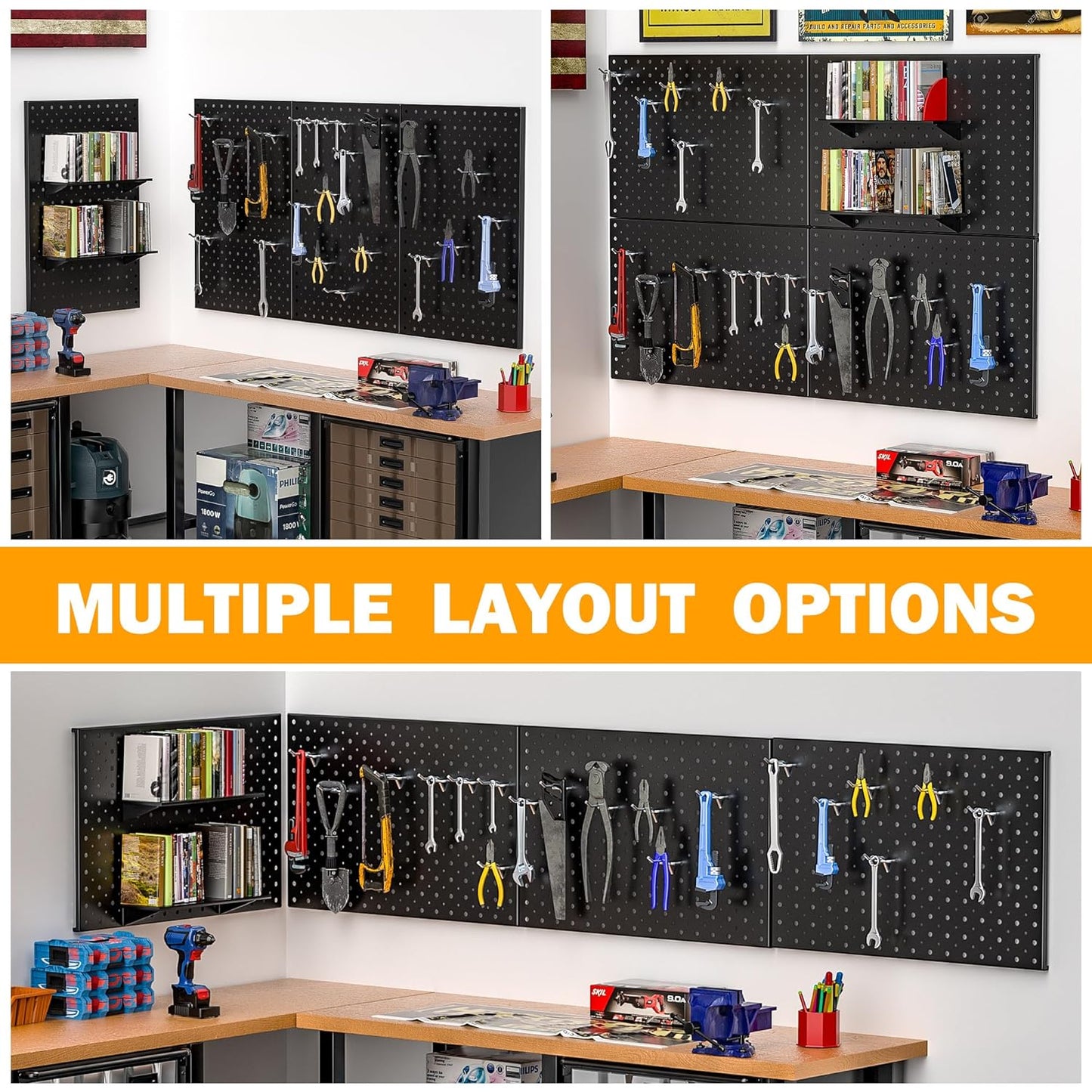 Pegboard Smith Metal Pegboard Panels, 16" x 12" Heavy-Duty Steel Peg Boards for Garage Tool Storage, Wall-Mounted Pegboard Organizer System (Pack of 4, Black)