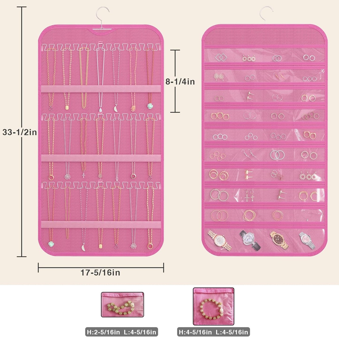 Hanging Jewelry Organizer Storage, 40 Pockets 36 Hooks Necklace Earring Necklace Bracelet Ring Organizer, Double - Sided Design, Pink