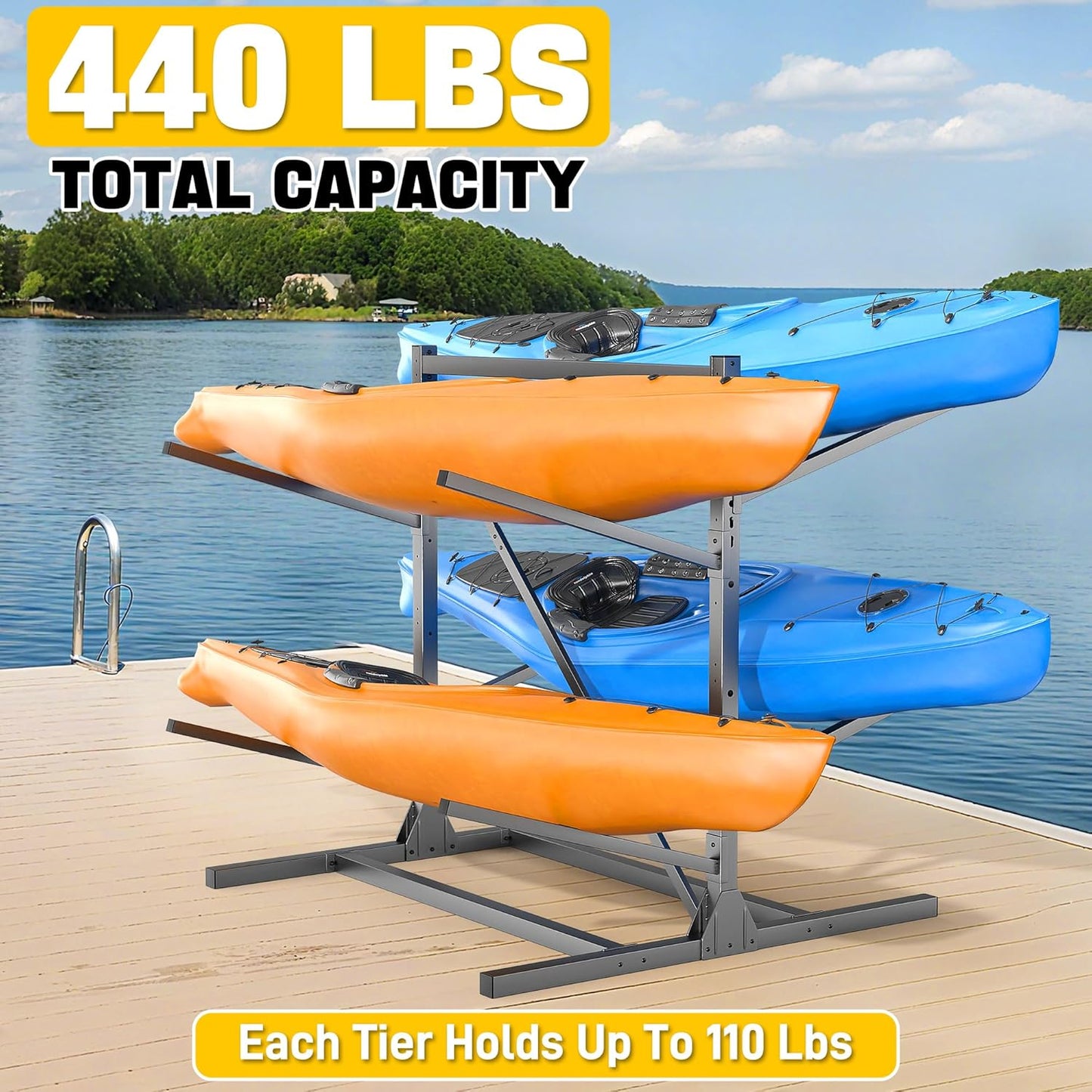 Ultrawall Kayak Storage Rack, Freestanding Kayak Racks for Garage, Adjustable Kayak Stand, Heavy Duty Paddle Board Rack for Kayak, Canoe, Surfboard, 440lbs Capacity, 2 Levels for 4 Kayaks