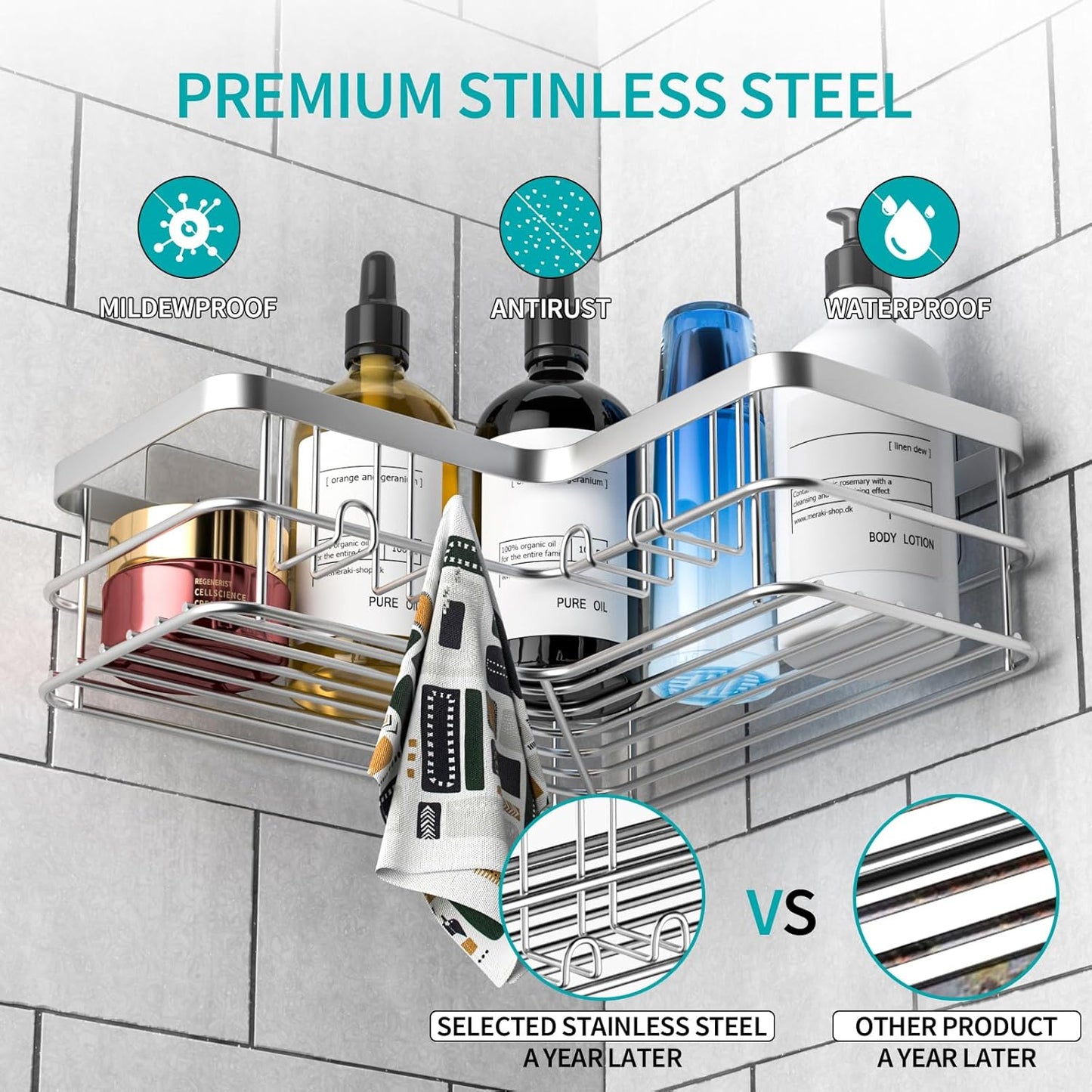 Yazoni Shower Caddy 2-Pack, No Drilling Shower Organizer Corner Shelf for Bathroom Tub, Stainless Steel Shower Caddy Corner Shelf for Bathroom Kitchen(Silver)