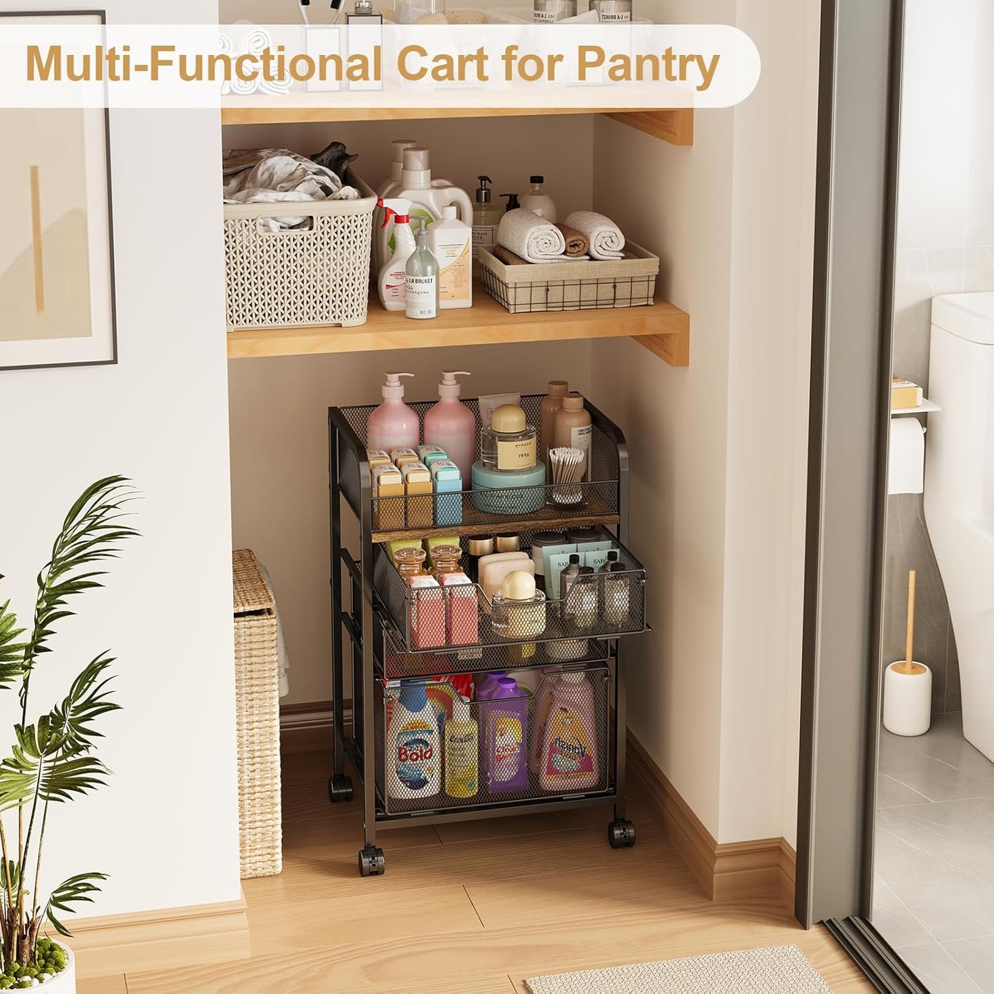 4-Tier Rolling Utility Cart with 3 Drawers - Craft Organizers and Storage with 360° Lockable Wheels,Art Supply Storage Organizer for Art Supplies, Store for Brushes & Paints & Artifacts Small Parts