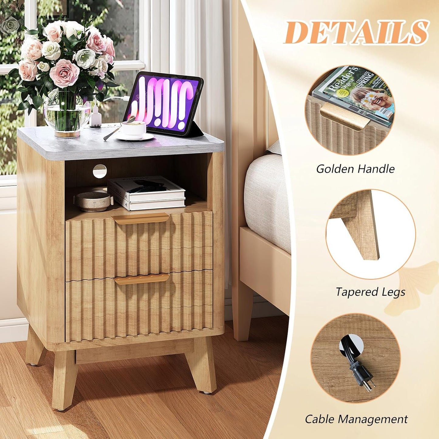AMERLIFE Fluted Nightstand with Charging Station and Faux Marble Top, 18" Modern Bedside Table with 2 Drawers and Metal Handle, Side Table for Bedroom, Living Room, Natural Oak