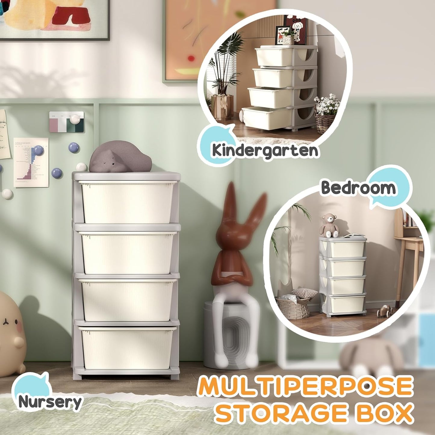 Qaba 4 Tier Kids Storage Unit, 4 Drawer Chest Toy Organizer Plastic Bins for Kids Bedroom Nursery Kindergarten Living Room for Boys Girls Toddlers, Cream White