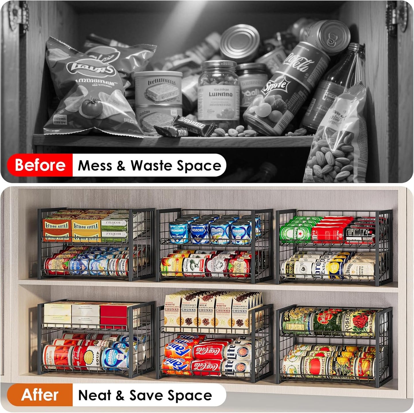 X-cosrack 2 Packs Stackable Can Rack Organizer for Pantry, 2-Tier Adjustable Pantry Can Storage Organizer for Canned Food Can Goods, Kitchen Can Dispenser Holder for Soda Drinks Snack, Black