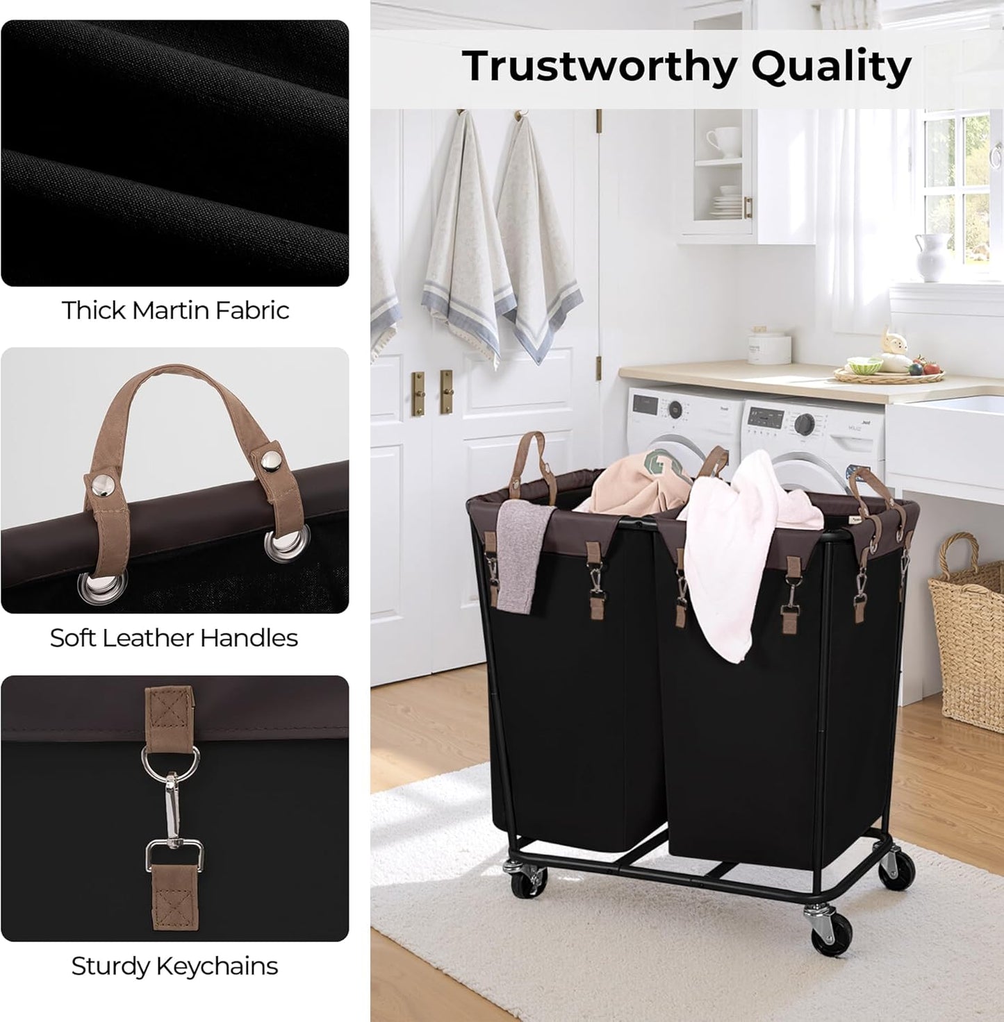 StorageWorks 280L Large Lanudry Hamper with Wheels, Laundry Basket with Wheels 2 Sections, Clothes Sorter Cart with Divider for Hotel, Home, Black, 1-Pack