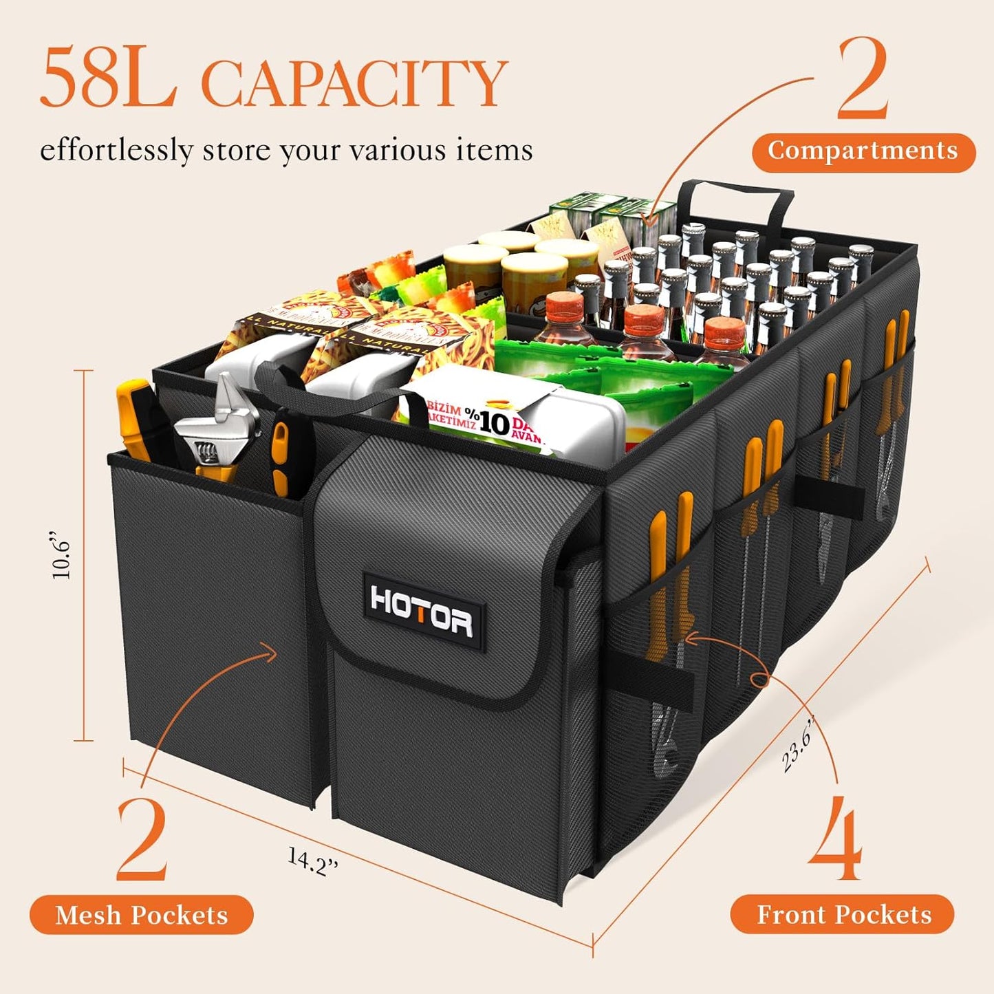 HOTOR Foldable Trunk Organizer - SUVs & Sedans, Sturdy Car Organization With 2 Compartments, Black, 23.6"×14.2"×10.6"