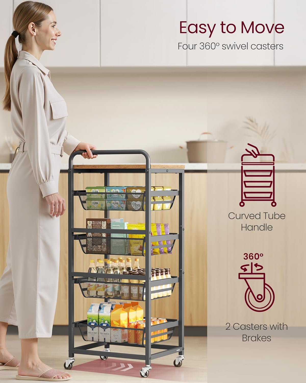 VASAGLE Storage Cart with Pull-Out Baskets, 5-Tier Kitchen Cart with Wheels, Handle, 12.5 x 15.8 x 37.4 Inches, Rustic Brown and Ink Black ULRC041K01