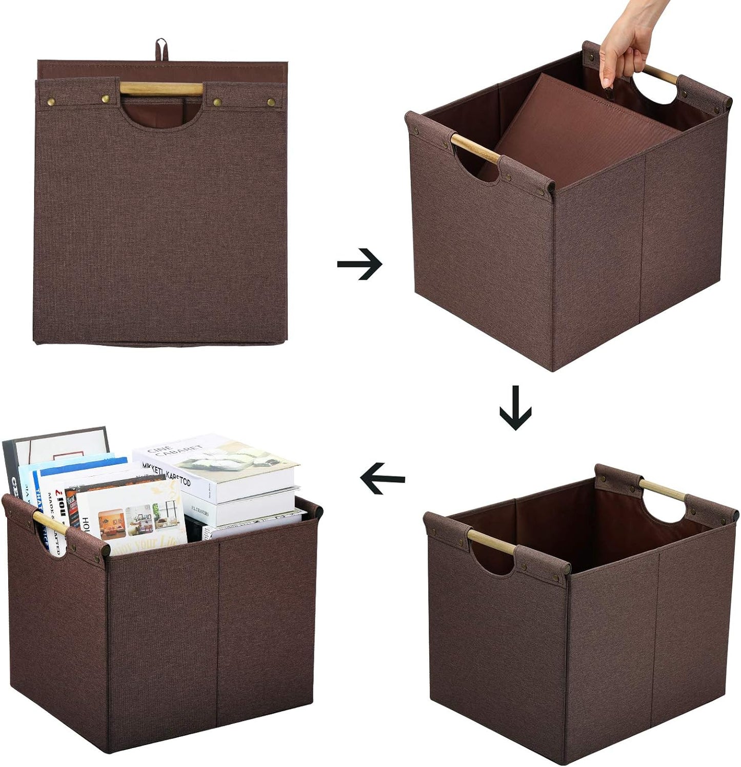 HOONEX Large Collapsible Storage Bins, Linen Fabric, 2 Pack, Storage Baskets with Wooden Carry Handles and Sturdy Heavy Cardboard, for Home, Office, Car, Nursery, Brown
