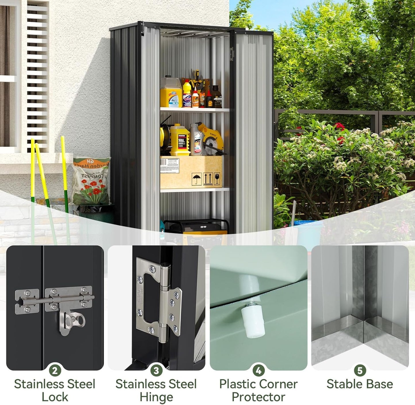 Aoxun 22 Cu.Ft Outdoor Storage Cabinet Metal Garden Shed with 2 Adjustable Shelves 3 Layer Waterproof Vertical Storage Shed for Patio Garden, Garage, Porch