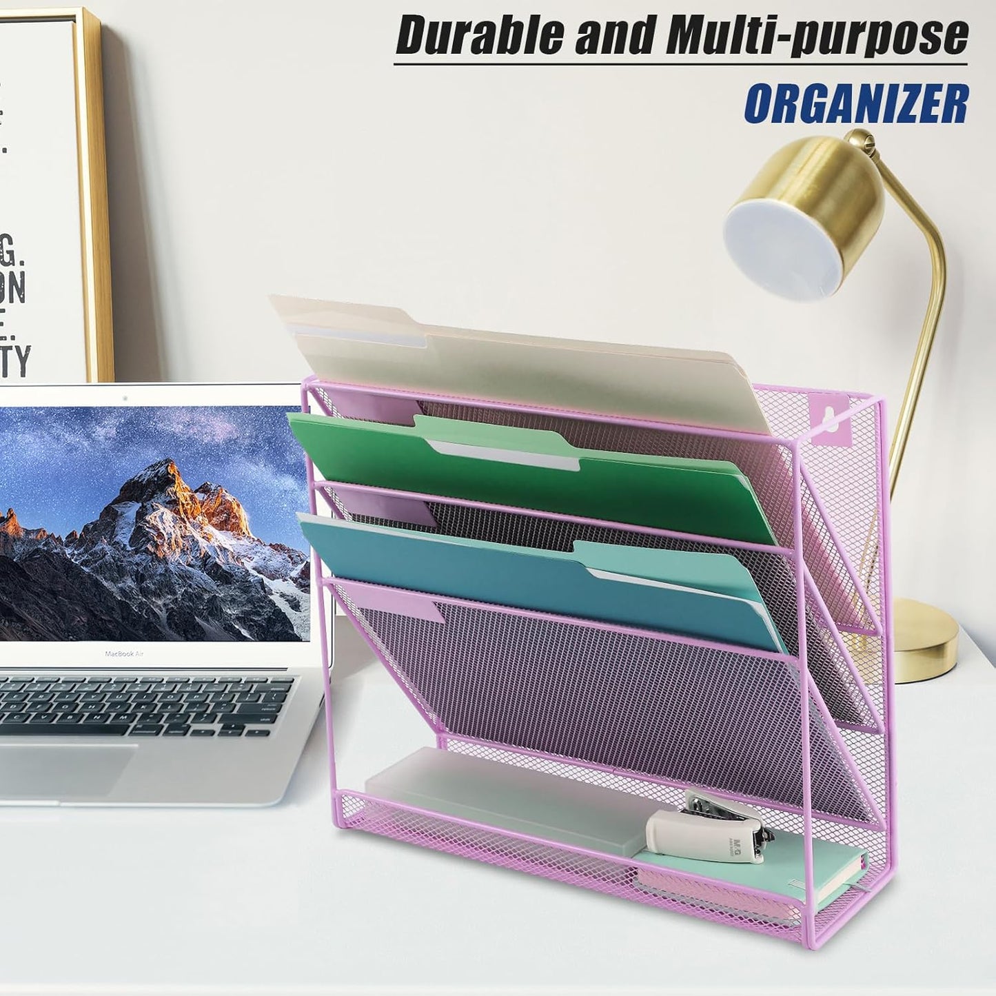 EASEPRES Desk File Organizer Mesh 4-Tier, Hanging Wall Mount Document Organization Stand, Desktop Vertical Mail Paper Folder Holder Rack with Bottom Tray for Office Home Cubicle, Light Purple