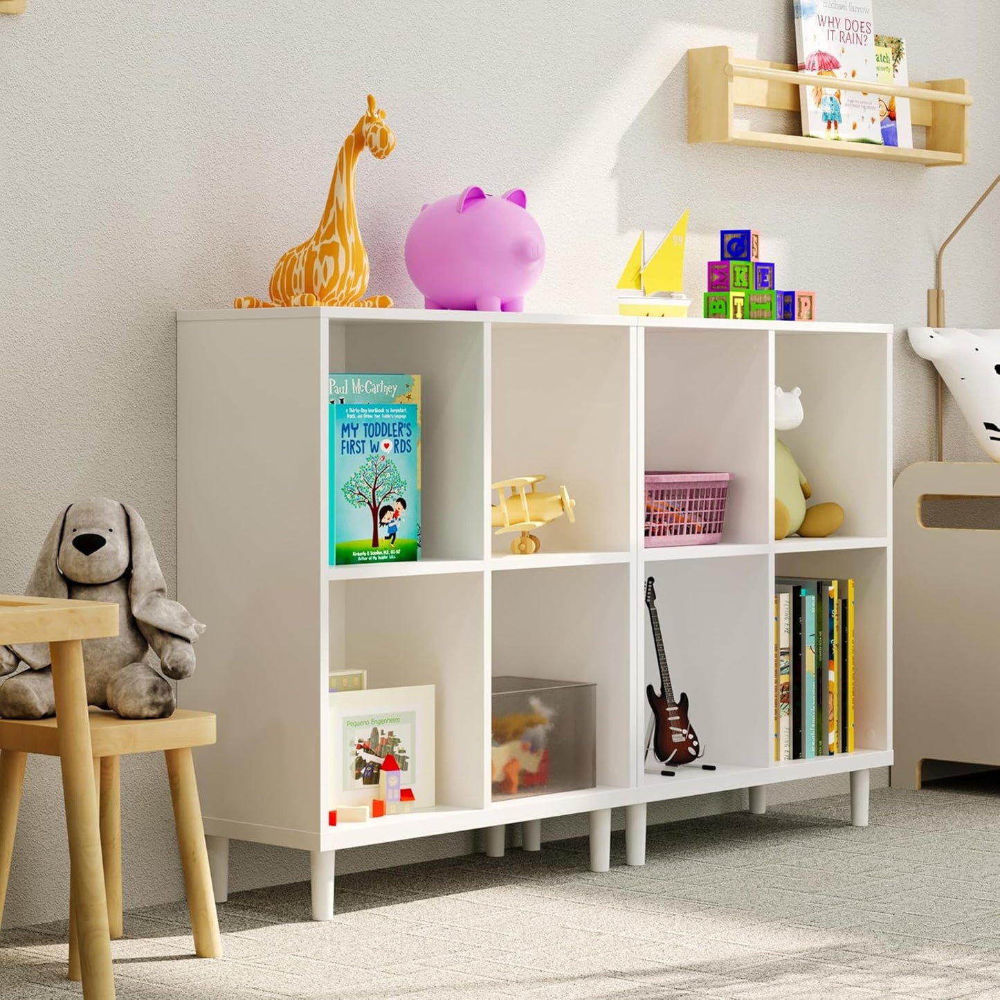 Wood Cube Storage Organizer White Bookshelf - 2-Tier Freestanding Storage Cabinet with Legs for Home Office, 4-Cubes Open Shelf