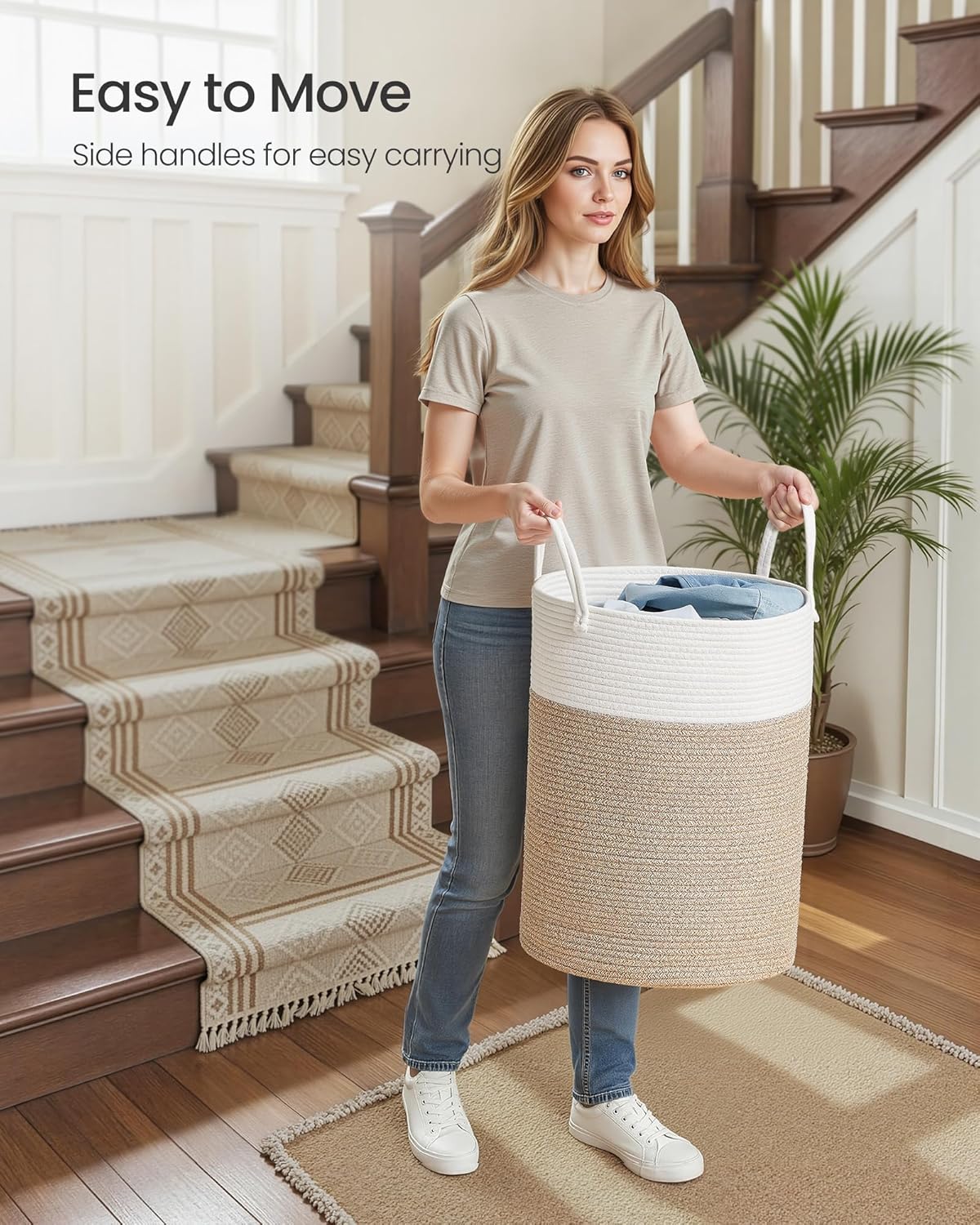 SONGMICS Laundry Hamper, Cotton Rope Laundry Basket with Handles, for Children, Toys, Clothing, Living Room, Bedroom, 15.8 Gallons, 13.8 x 13.8 x 19.7 Inches, White and Grayish Brown URLH061LZ01