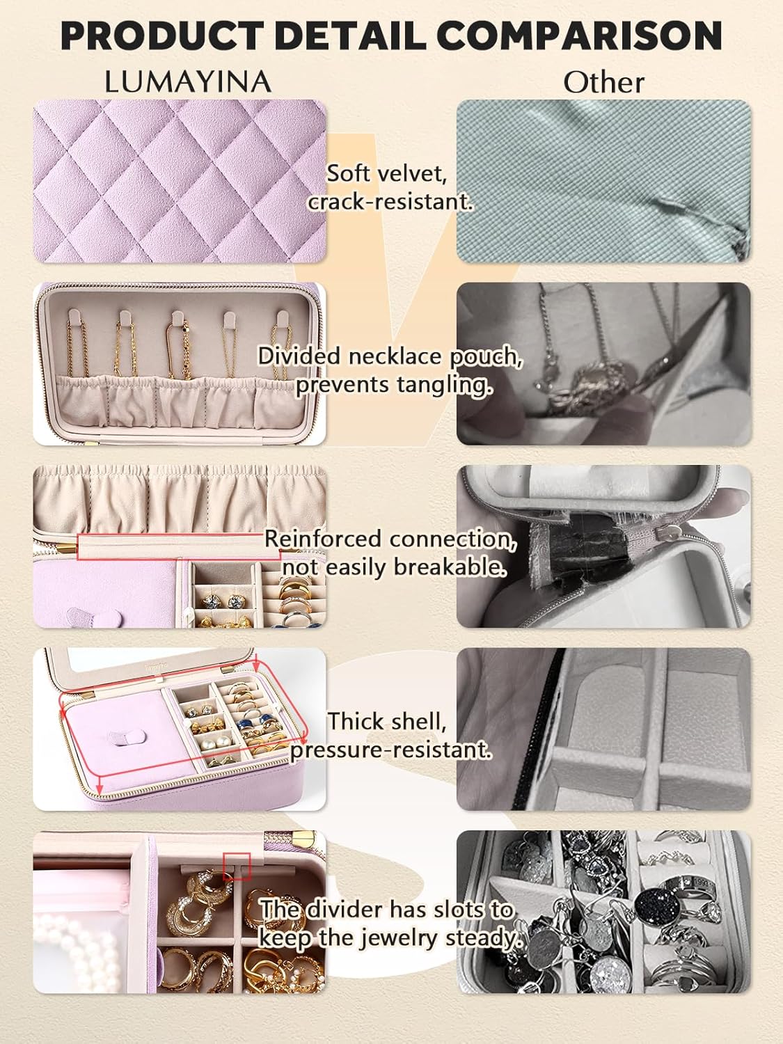 Velvet Travel Jewelry Box with Large Mirror, Double-Layer Jewelry Organizer Case for Women and Girls, Portable Storage Case with 6 Anti-Tarnish Bags Gift Ready for Her (Lavender)