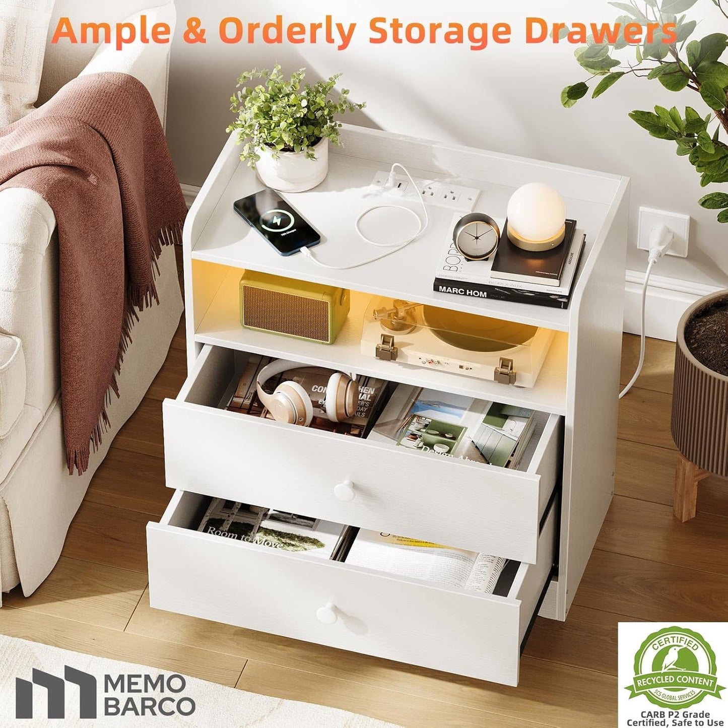 Nightstand with Charging Station and LED Light,Modern Nightstand with USB Ports and Outlets,Wood Bedside Tables with 2 Storage Drawers,Small Dresser for Bedroom Small Space,White