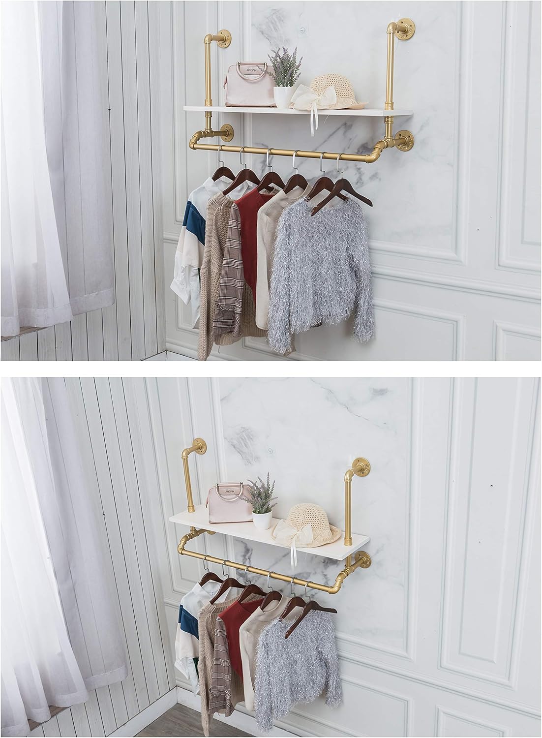 Tianman 40",Gold,White,Industrial Detachable Wall-Mounted Black Iron Wooden Garment Bar,Heavy Duty Pipe Clothing Rack,Pipe Clothes Rack, Multi-Purpose Hanging Rod for Closet Storage