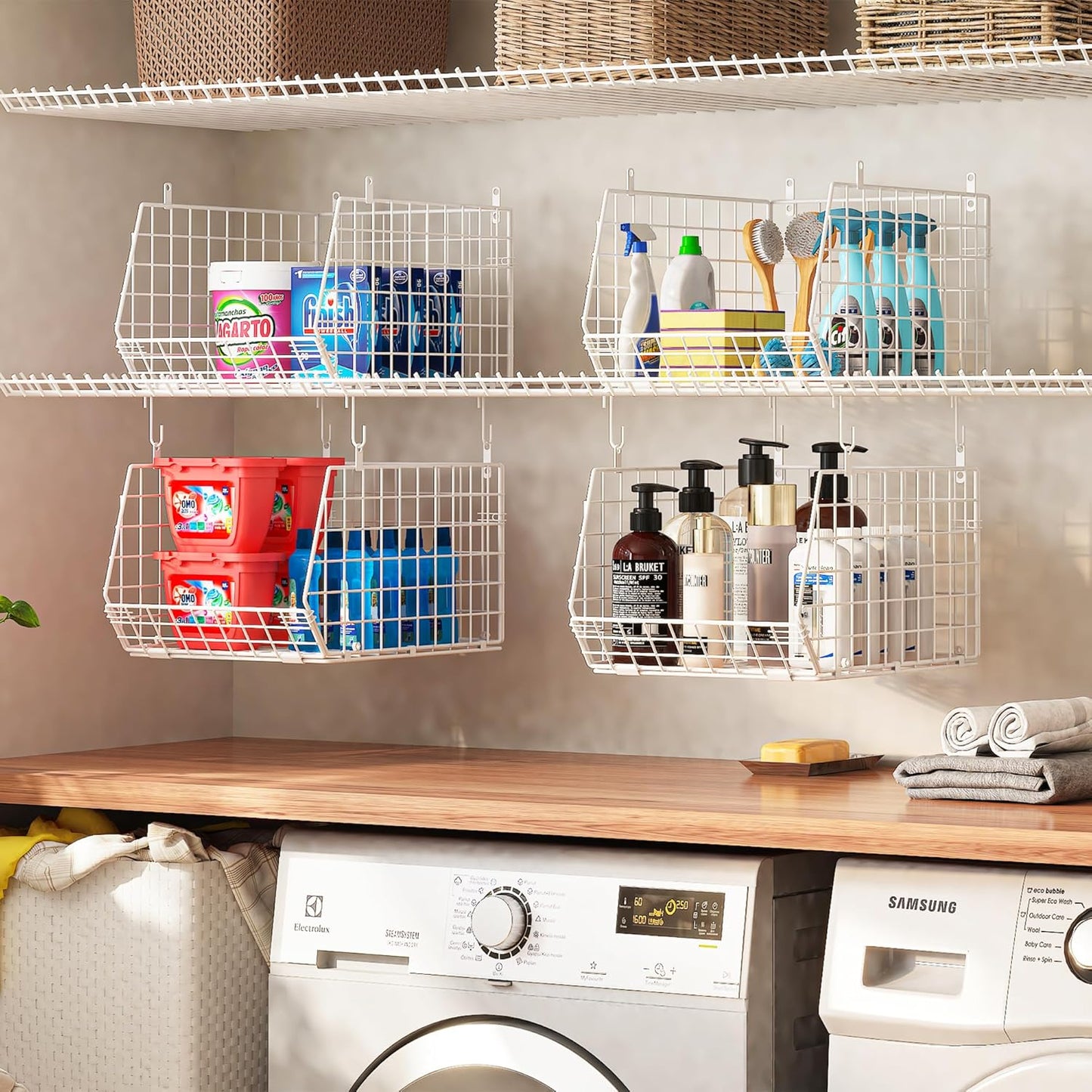 4" Extra Deeper Foldable Hanging Closet Organizer, Small Wire Cabinet Shelves and Storage with 5 S Hooks,4 Tier Metal Basket Bins for Clothes Sweaters Handbags, Wardrobe for Kitchen Laundry Room,White