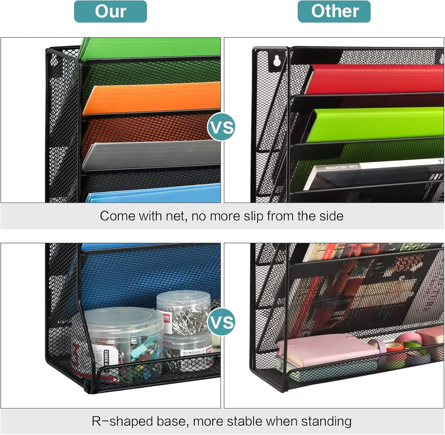 File Organizer Wall Mounted, 4 Tiers Durable Adjustable Metal Desk Organizer, Desktop Hanging File Holder with 4 Pen Slots Stable, 4 Pull-Out Divider for File, Mail, Black, Patent Pending