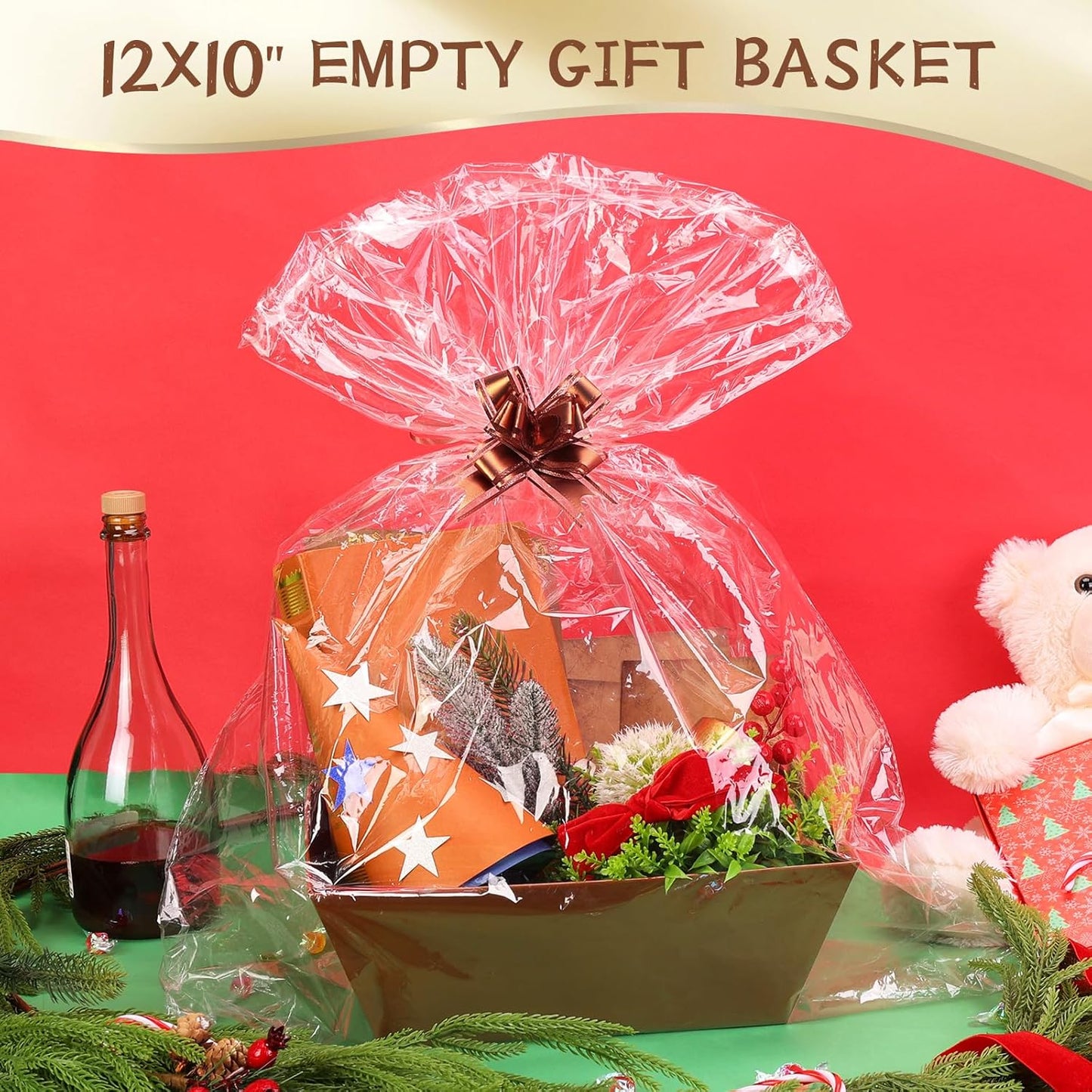 AFOROEOA 10PACK Baskets for Gifts Empty, 10x12”Thick Brown Gift Basket with Handles 10 Bows 10 Bags Empty Gift Baskets for Christmas Thanksgiving Wedding Birthday Party Wrapping Gift