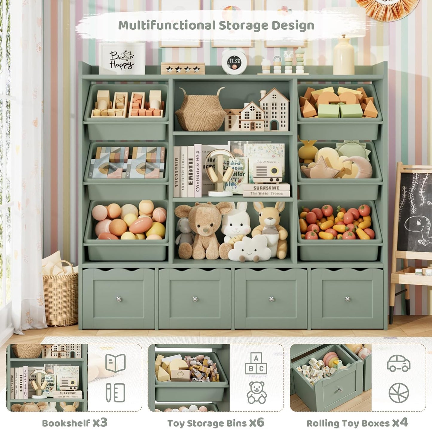 HITHOS 55" W Kids Toy Storage Organizer, Large Toy Box with Bookshelf, Toy Chest with 3 Cubes Storage Organizer, 6 Toy Organizers and Storage Bins, 4 Rolling Drawers for Kids Room, Playroom, Green