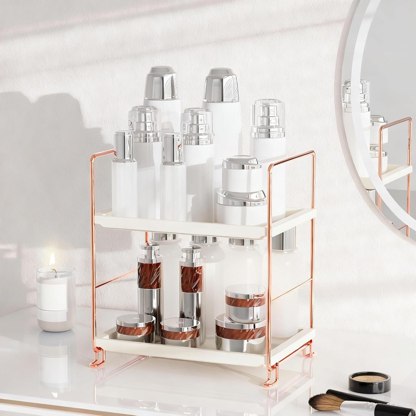 FSyueyun 2-Tier Bathroom Countertop Organizer, Tool-Less Installation Premium Plastics Makeup Shelf Organizer Perfume Skincare for Dresser Vanity Tray Organizers and Storage (Rose Gold)