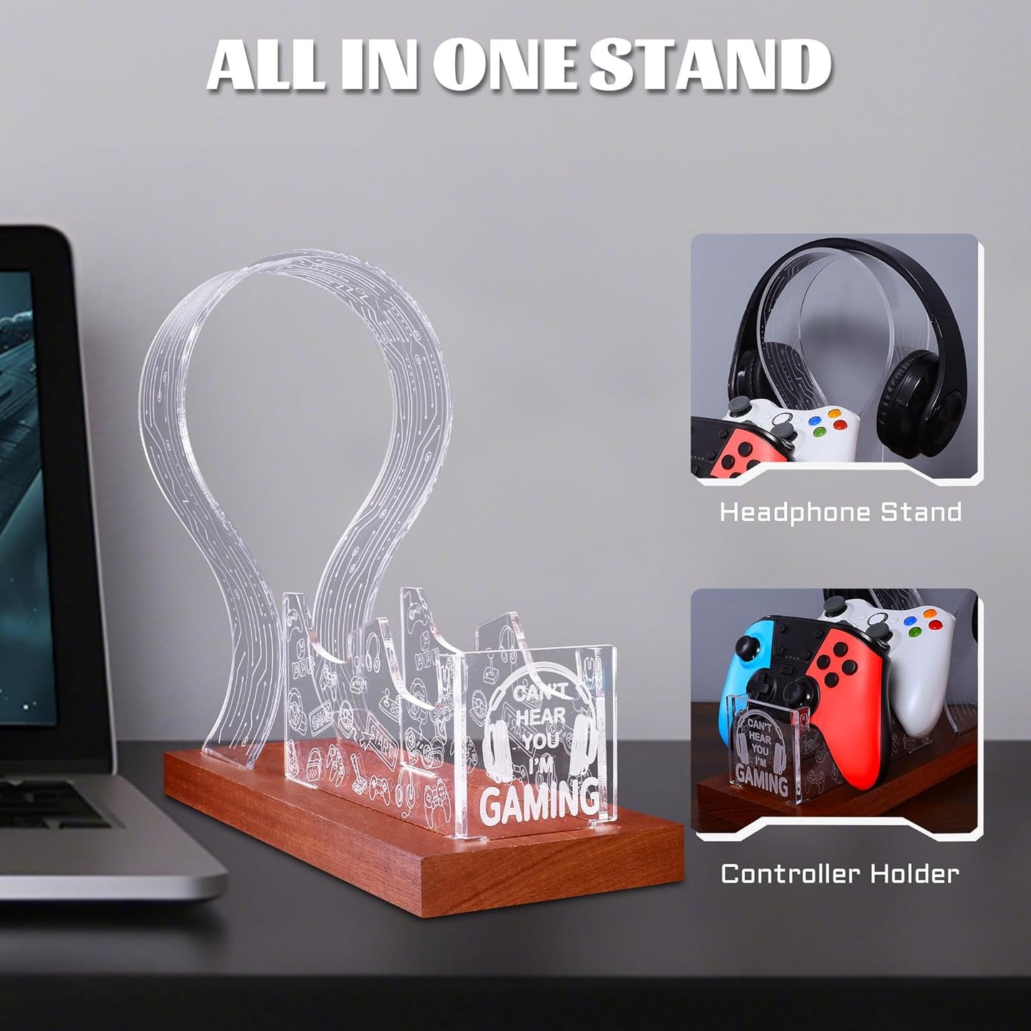 YuanDian Gamer Gifts for Teenage Boy, Can't Hear You I'm Gaming Headset and Controller Stand, Acrylic Wooden Controller Holder with Blue Pink LED Night Light, Desk Decor Gift