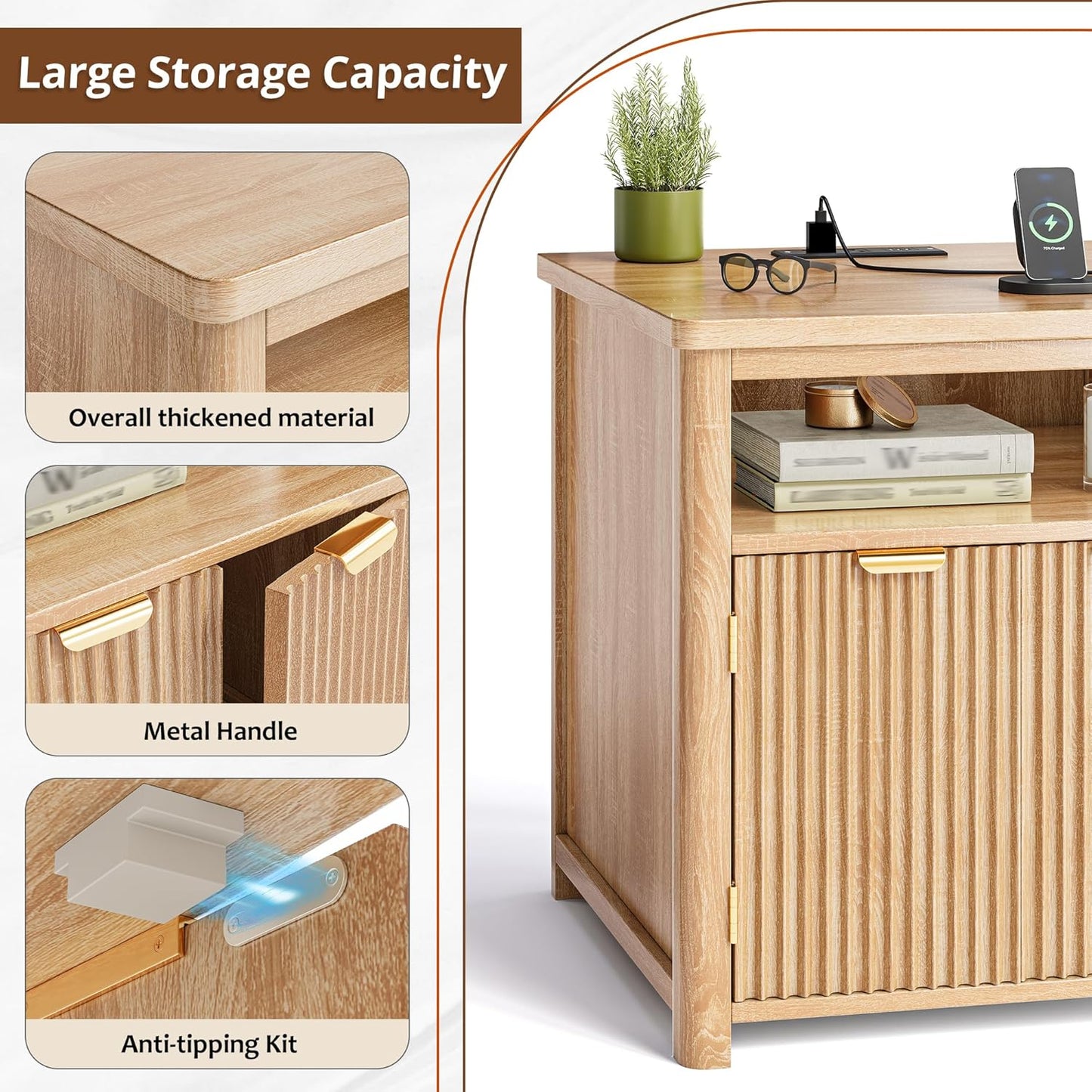 Fluted Nightstand with Charging Stations, 23.6" Wide Natural Oak Nightstand with Storage Drawers, Side Tables, Modern Farmhouse End Tables for Bedroom, Natural Oak