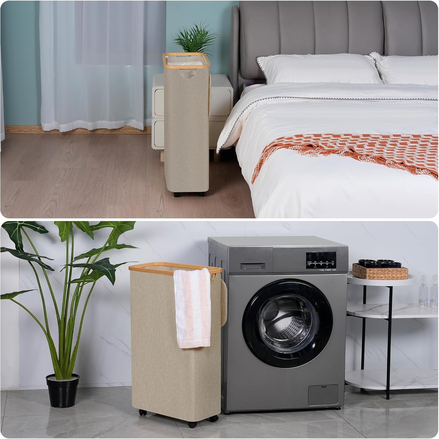 efluky Laundry Basket with Wheels, Tall Rolling Laundry Hamper with Lid and Removable Bag, Aesthetic Dirty Clothes Hamper on Wheels for Laundry Room, Bedroom, Dorm and Bathroom, 75L Oatmeal