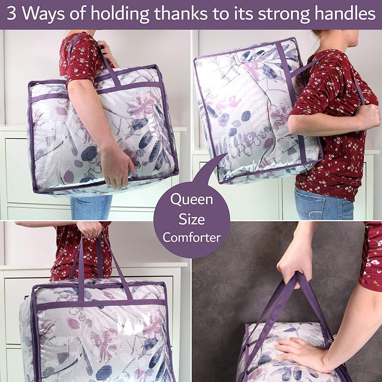 Clear Vinyl Zippered Storage Bags (3-Pack) 40L Sturdy Storage Bags for Sweaters, Blankets, Comforters, Bedding Sets and Much More! (Purple, 18x15x9)