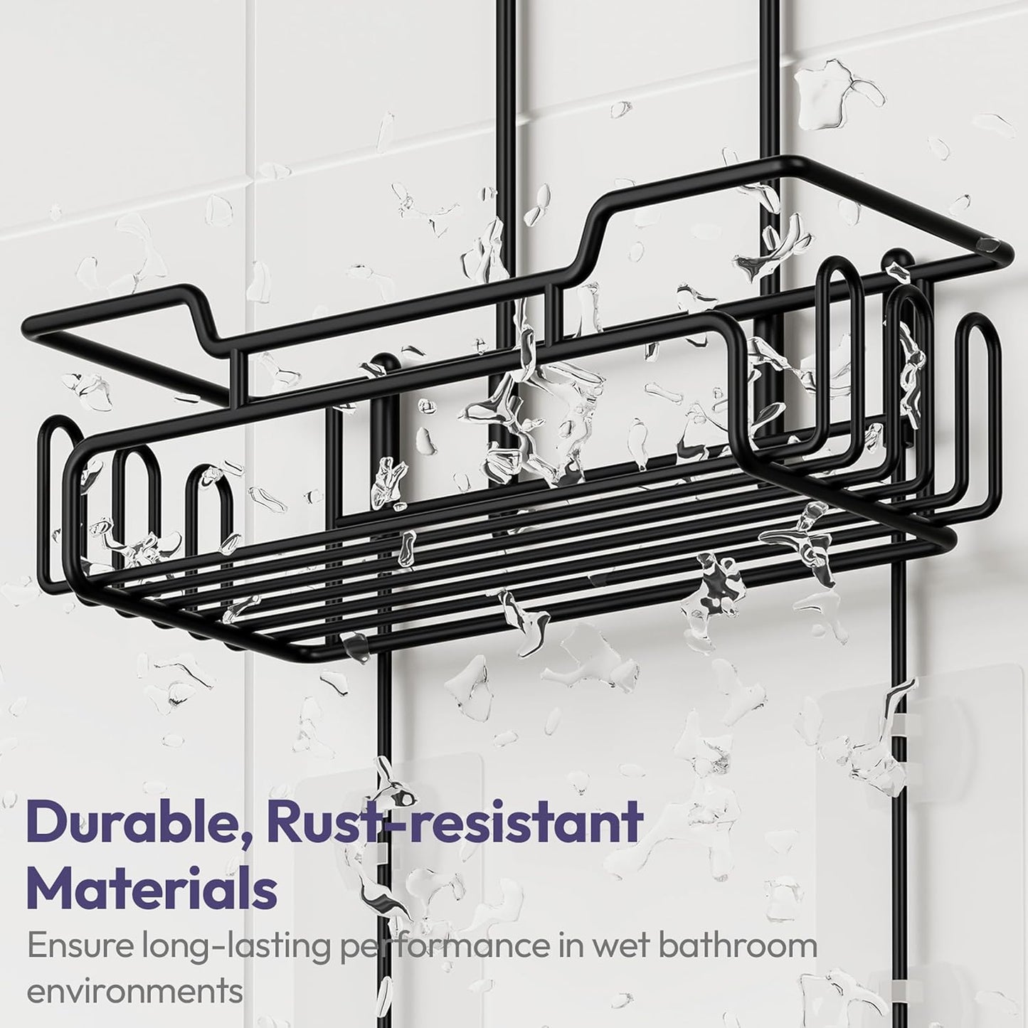SWTYMIKI Bathroom Shower Caddy Hanging - Extended Length 2 Tier Rustproof Over Shower Head Organizer, No Drilling Bathroom Shelf with 14 Hooks & Soap Holder, Anti-Swing Rack, Black, Medium