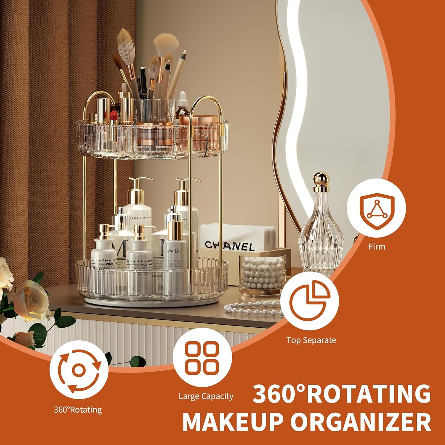YCIA&DONE Rotating Makeup Organizer for Vanity, Large Capacity Make Up Storage Skin care Shelf Perfume Holders Cosmetic Dresser Organizer Countertop Spinning 360 (White Clear, 2Tiers)