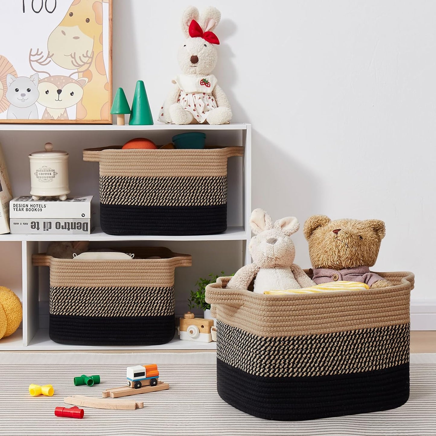 Storage Basket for Organizing, Woven Baskets for Storage, Rectangle Decorative Baskets for Shleves, Closet, Toys, Books, Nursery Organizer Bins - Pack of 3 (Black & Brown, 15.75"x11.8"x9.85")