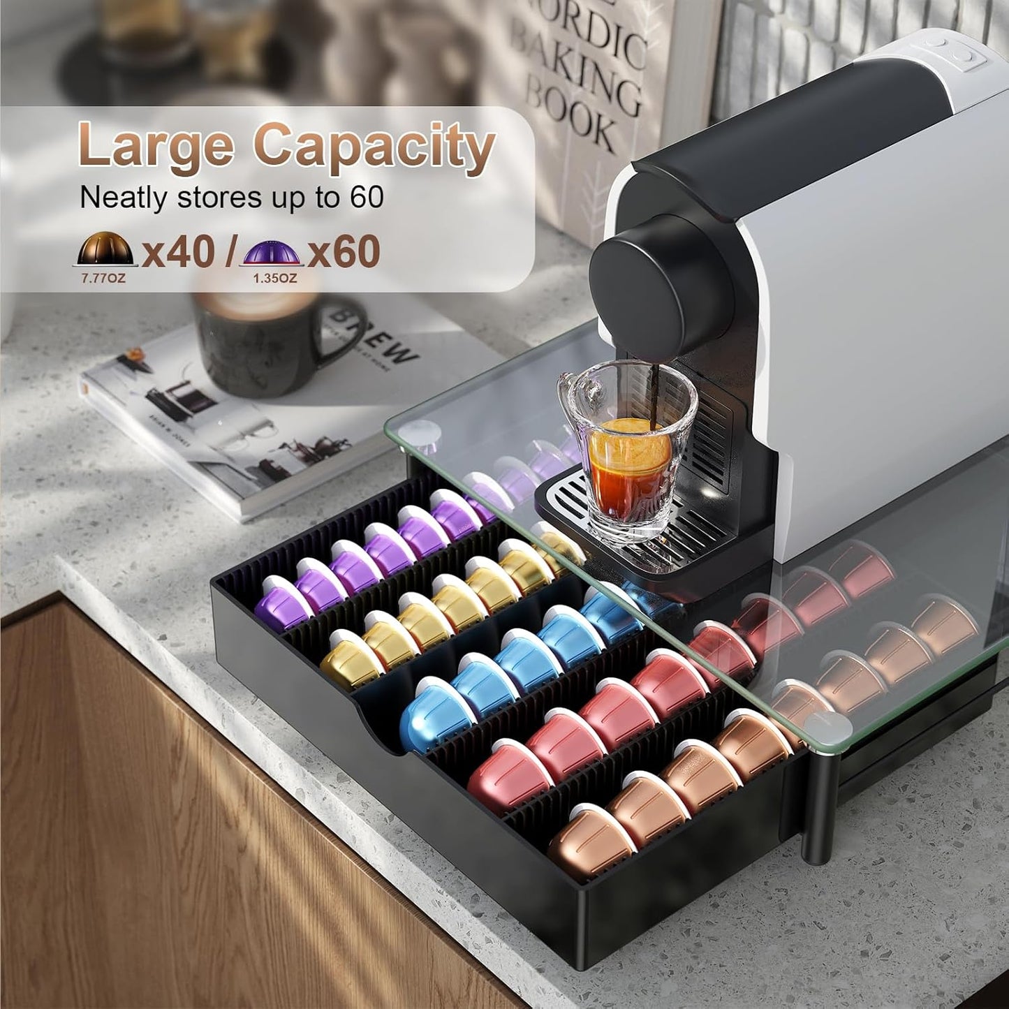 Coffee Pod Drawer Organizer with Tempered Glass Lid - Compatible with Nespresso Vertuo, Holds Up to 60 Small or 40 Large Capsules (Glass)