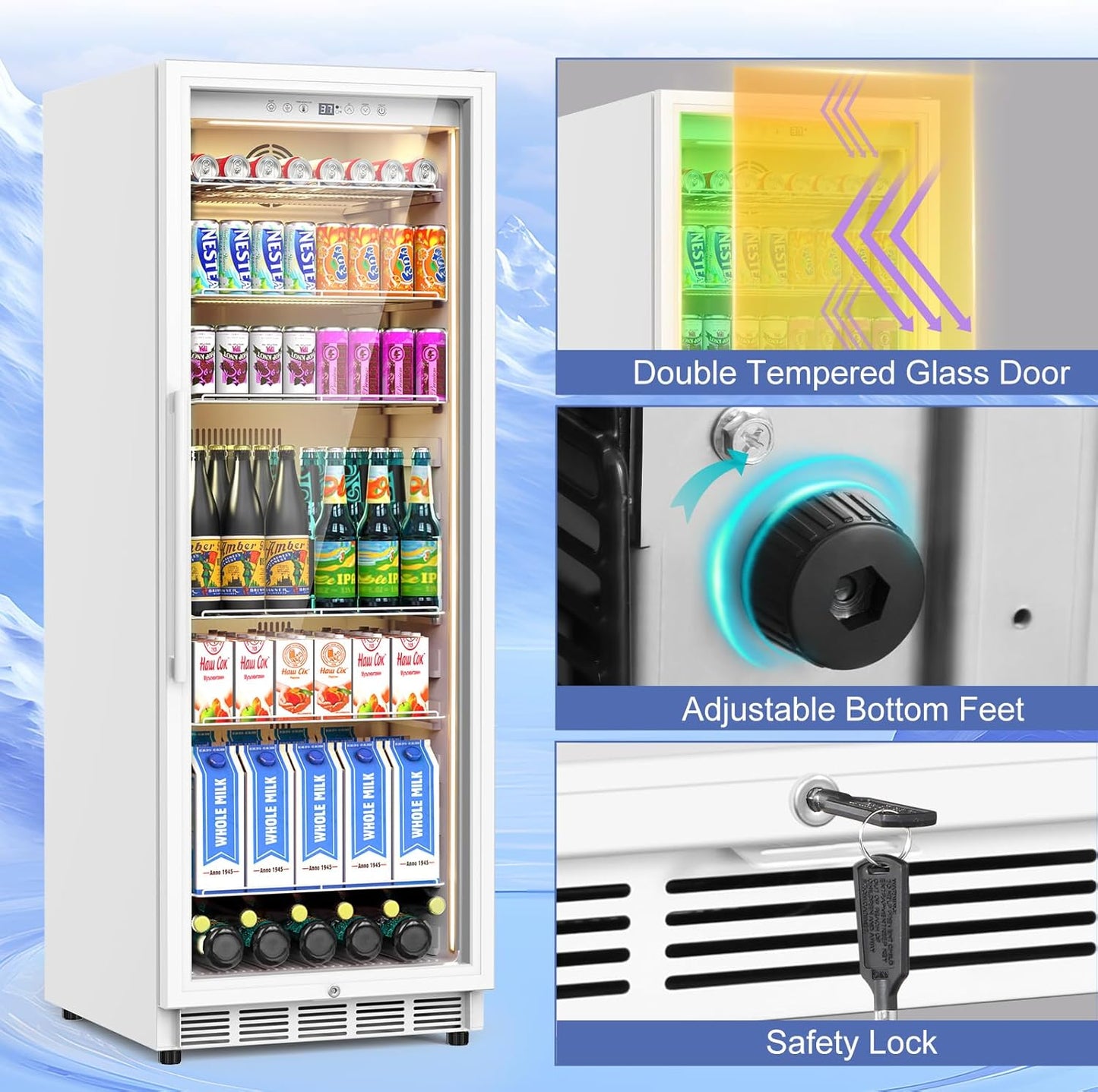 Commercial Display Refrigerator with Glass Door, Upright Beverage Cooler Merchandiser with Reversible Door, Drink Fridge with Door Lock for Restaurant Supermarket Convenience Store, 13.8 Cu.Ft