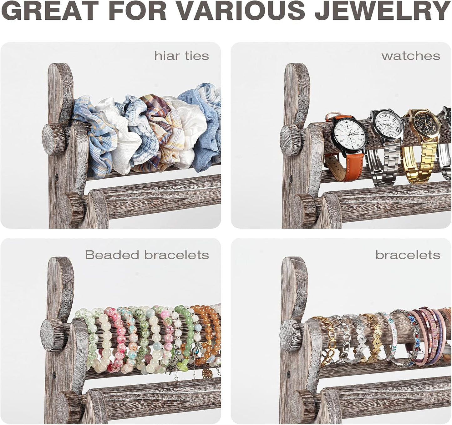 TOPNEW 4 Tier Wooden Bracelet Holder,Scrunchie Bangle Watch Necklace Display Storage Jewelry Holder Stand Display Organizer,Antique White