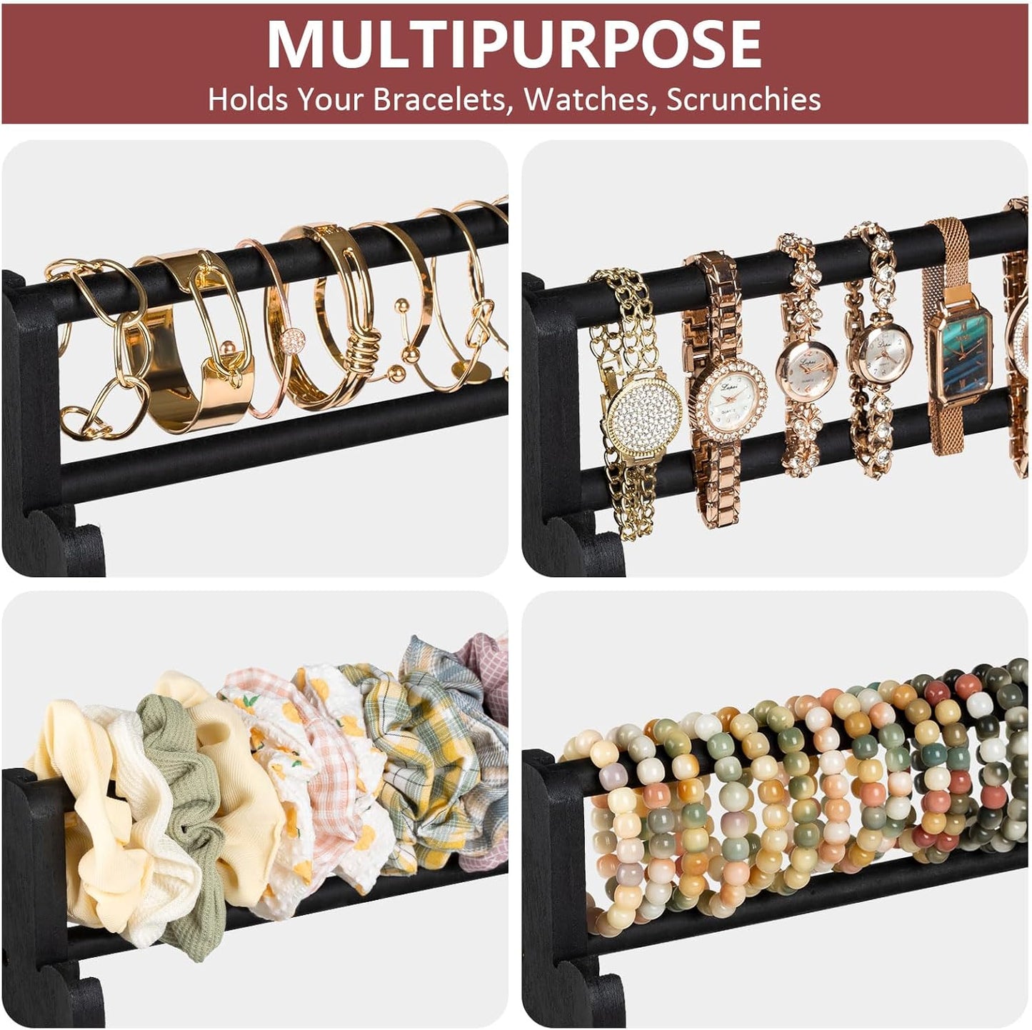 Emfogo Bracelet Holder, 4 Tier Bracelet Organizer Storage for Bracelets Bangles Watch Scrunchies, Rustic Wood Jewelry Organizer Display for Home, Vendors, Craft Shows and Store(Black)