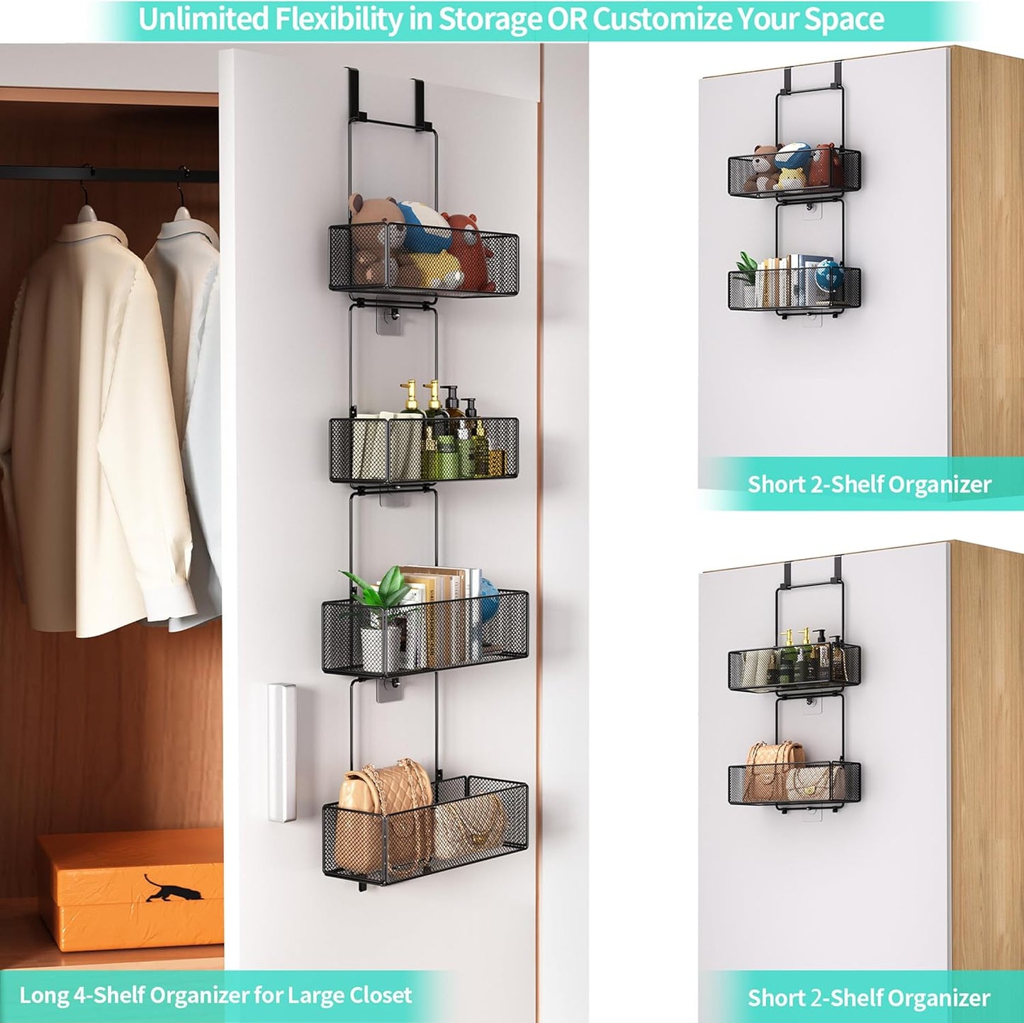 HapiRm Over Door Organizer Storage - Separable Door Organizer Hanging with 4 Metal Large Capacity Baskets for Bathroom Bedroom Kitchen Pantry Closet (Black)