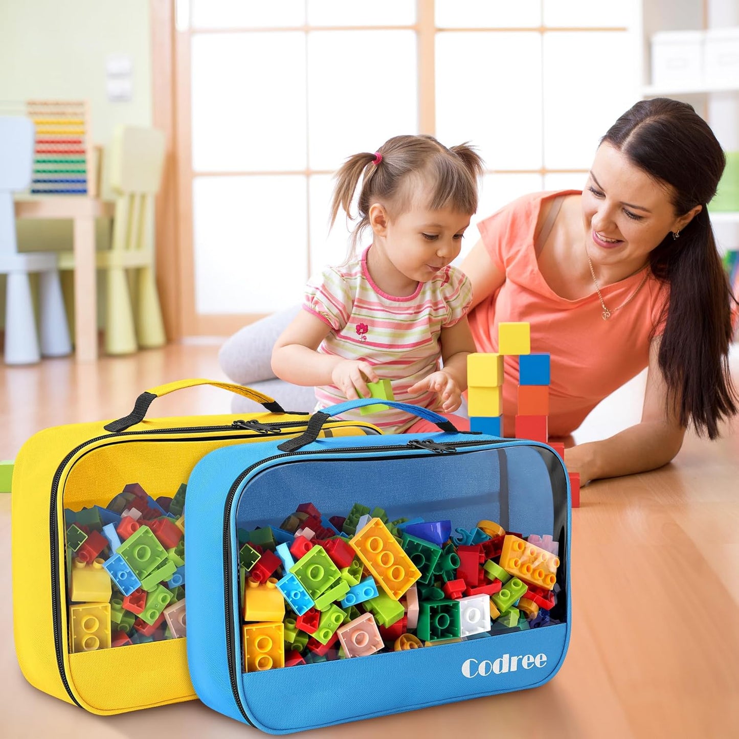 codree 6 Pack Large Oxford Cloth Toy Storage Bags, 13 x 8.5 x 3.9 Inch Visible Organizer Pouch with Zipper, Waterproof Travel Toy Storage for Building Blocks, Small Toys